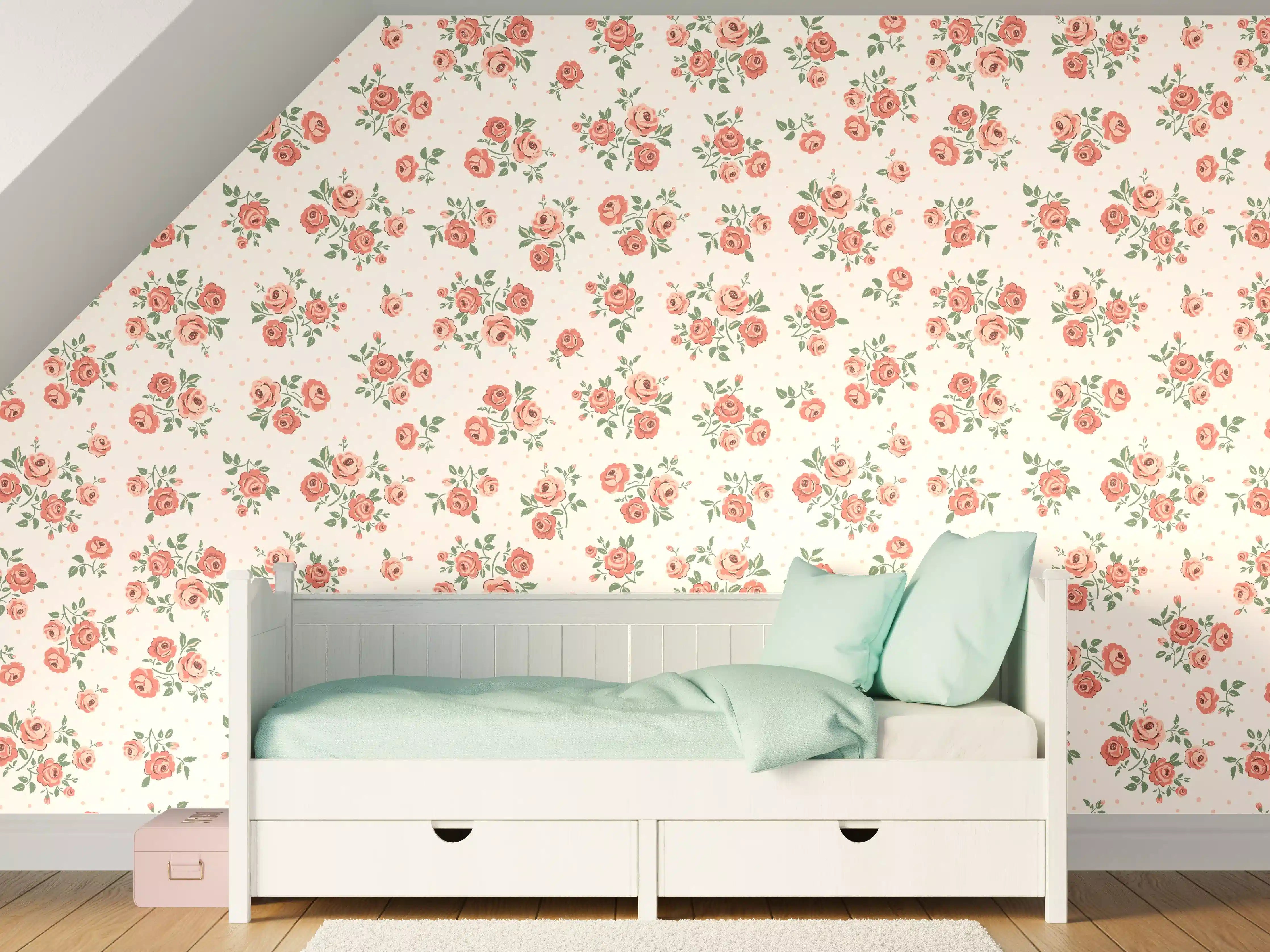 Kinderzimmer Wandgestaltung - Vintage Ditsy Rosenmuster Rosa-Beige