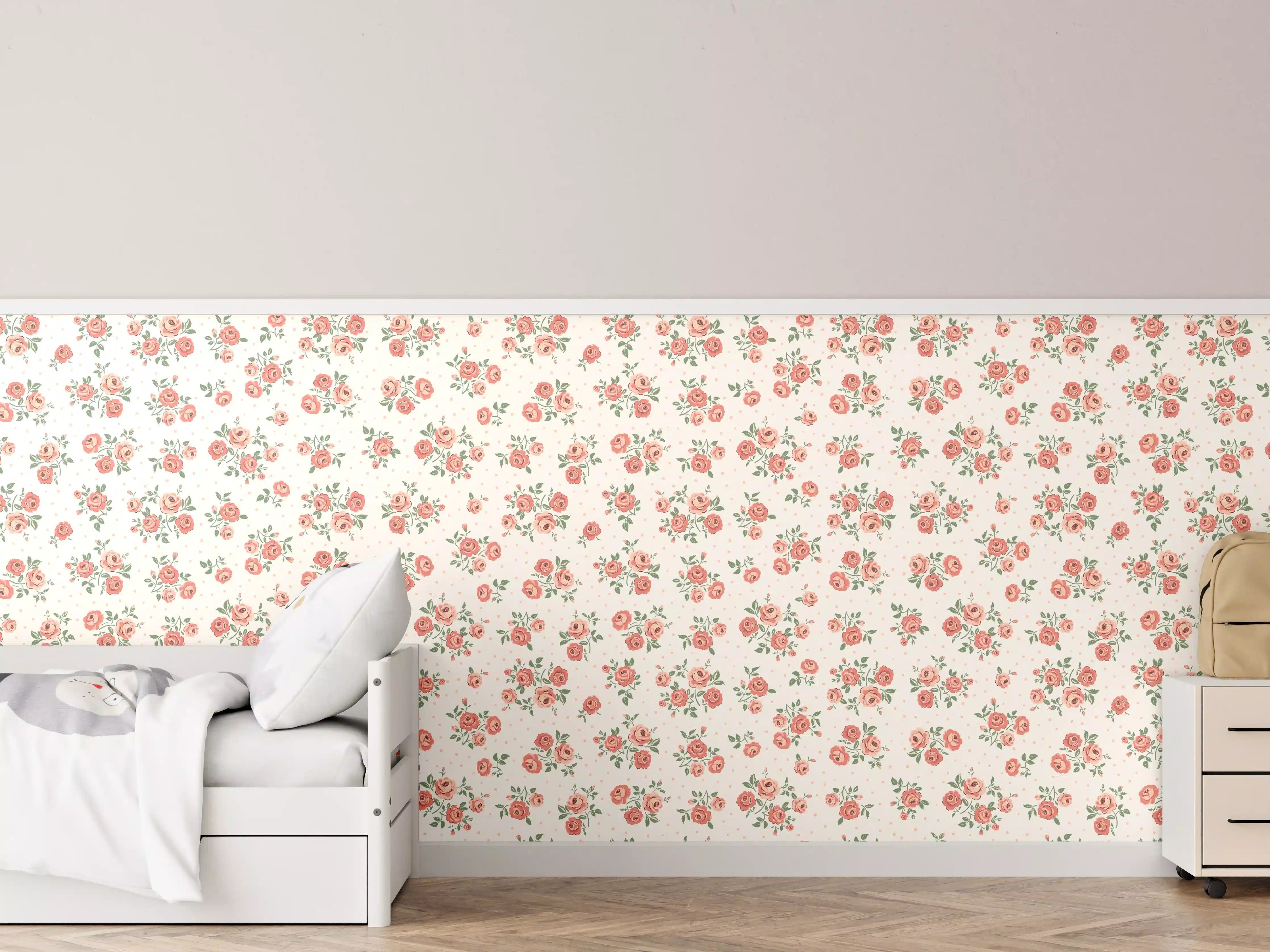 Kinderzimmer Wandgestaltung - Vintage Ditsy Rosenmuster Rosa-Beige
