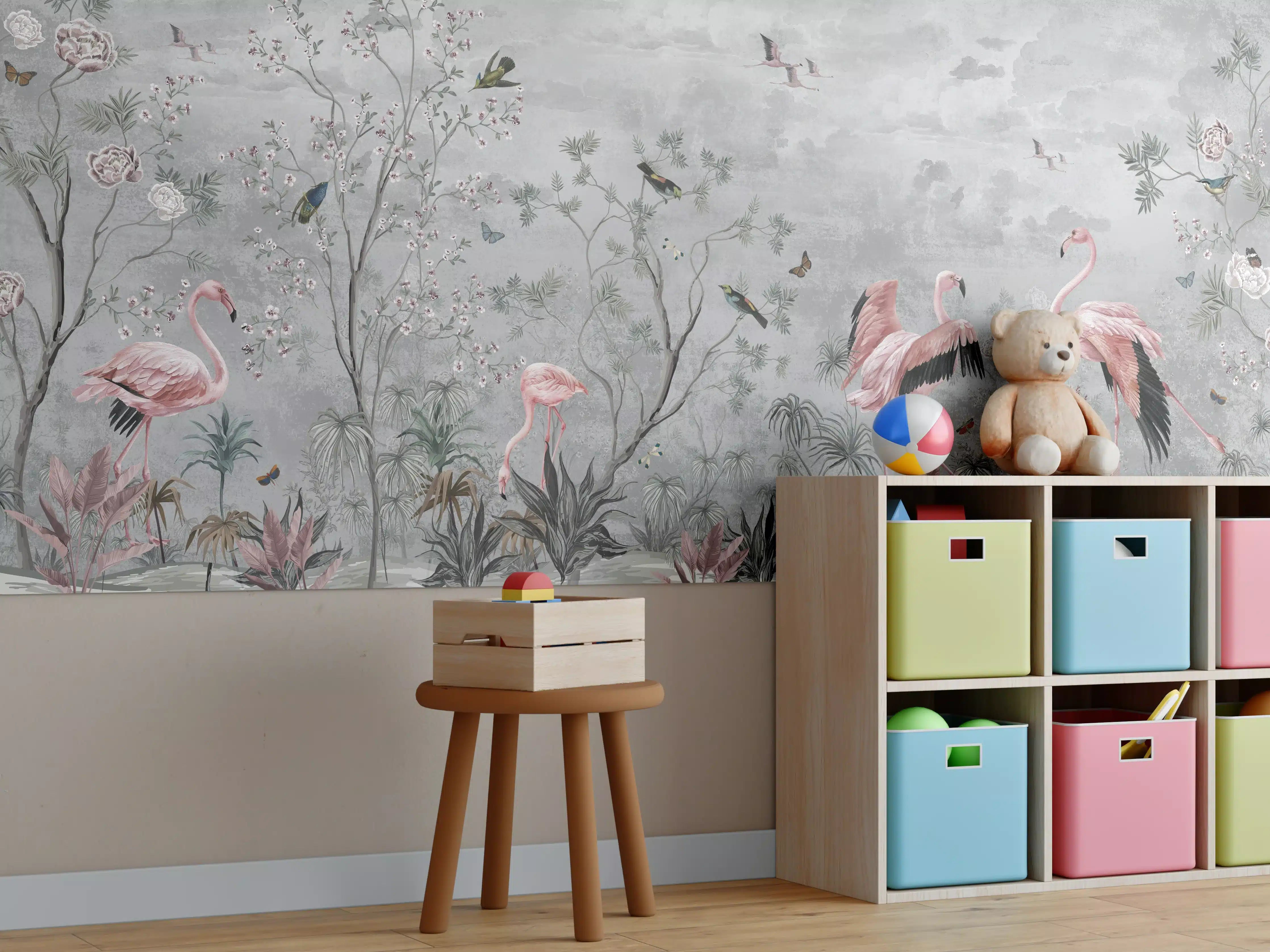 Kinderzimmer Wandgestaltung - Vintage Dschungel Flamingo Tapete