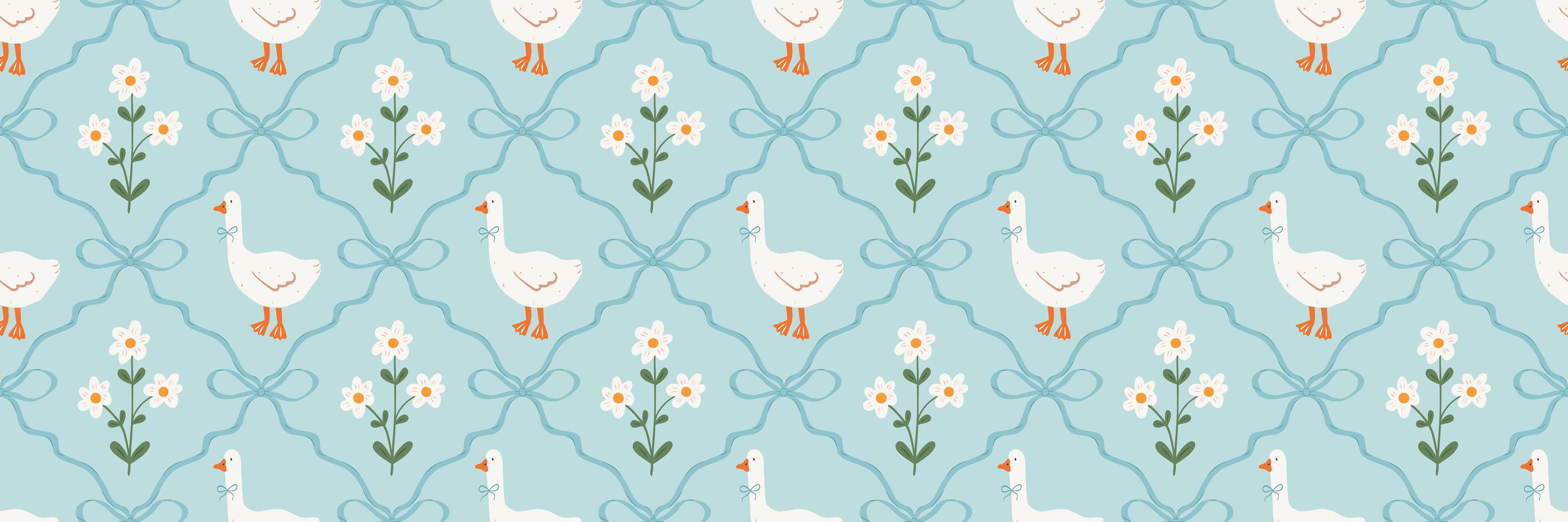Kinderzimmer Wandgestaltung-Vintage Gänse Tapete Türkis
