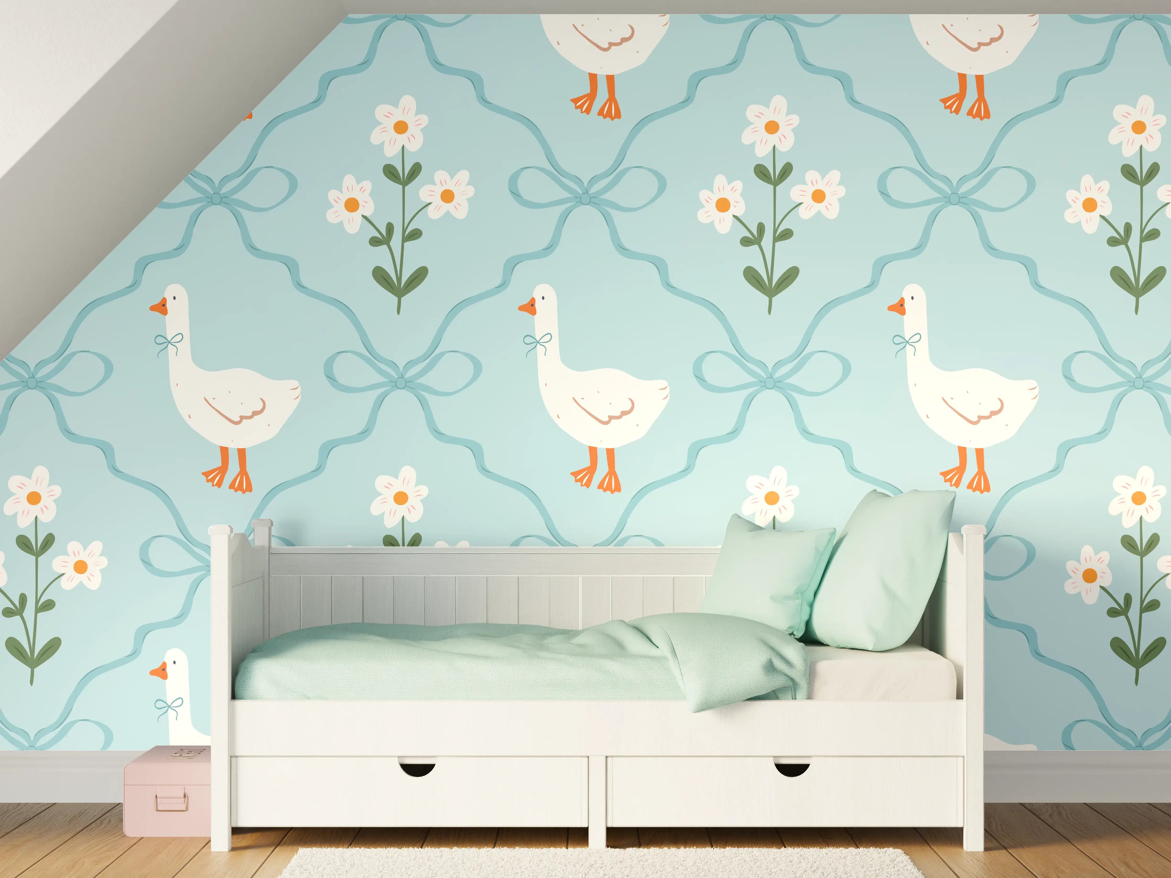 Kinderzimmer Wandgestaltung - Vintage Gänse Tapete Türkis