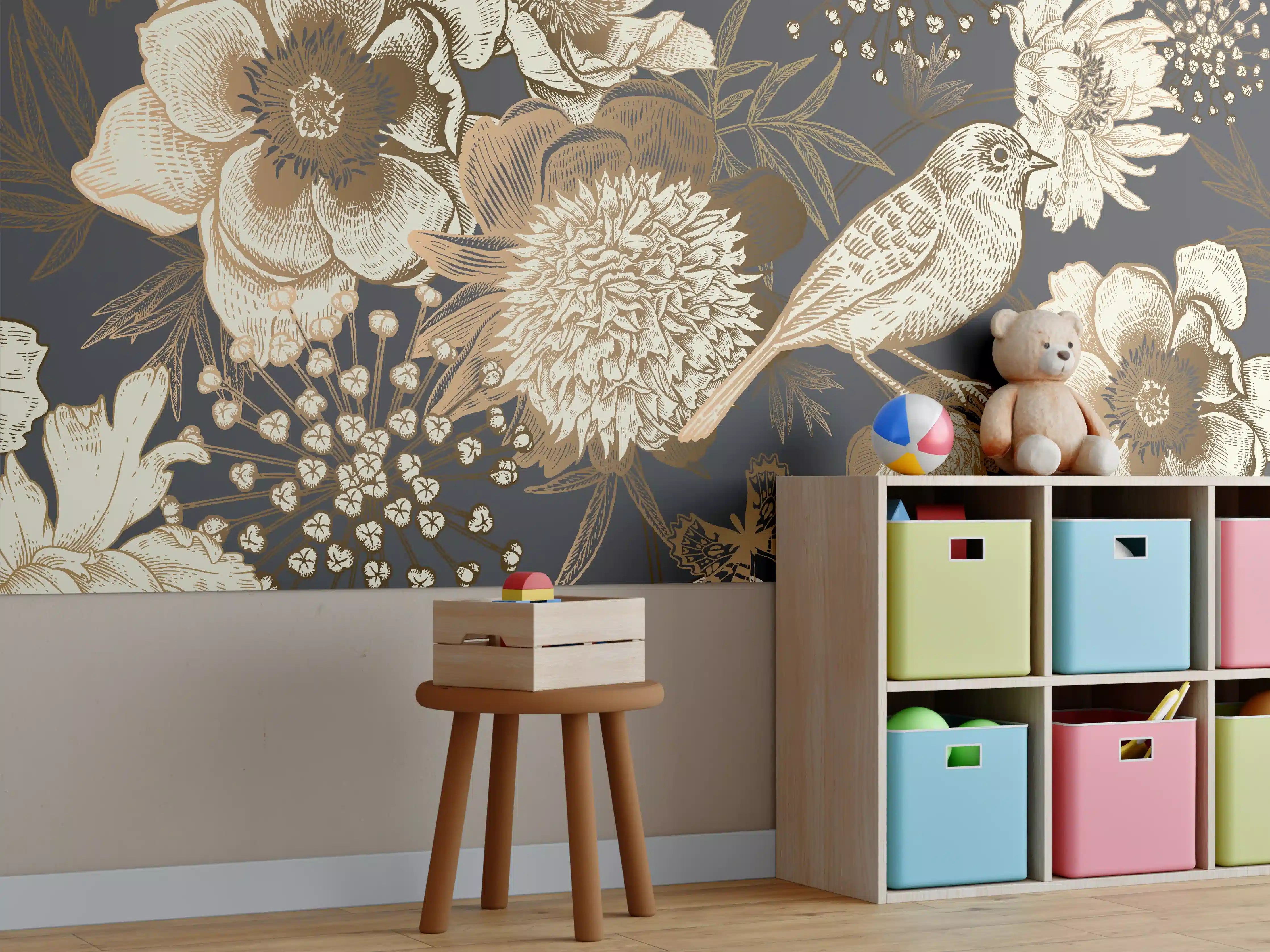 Kinderzimmer Wandgestaltung - Vintage Gold-Pfingstrosen-Muster