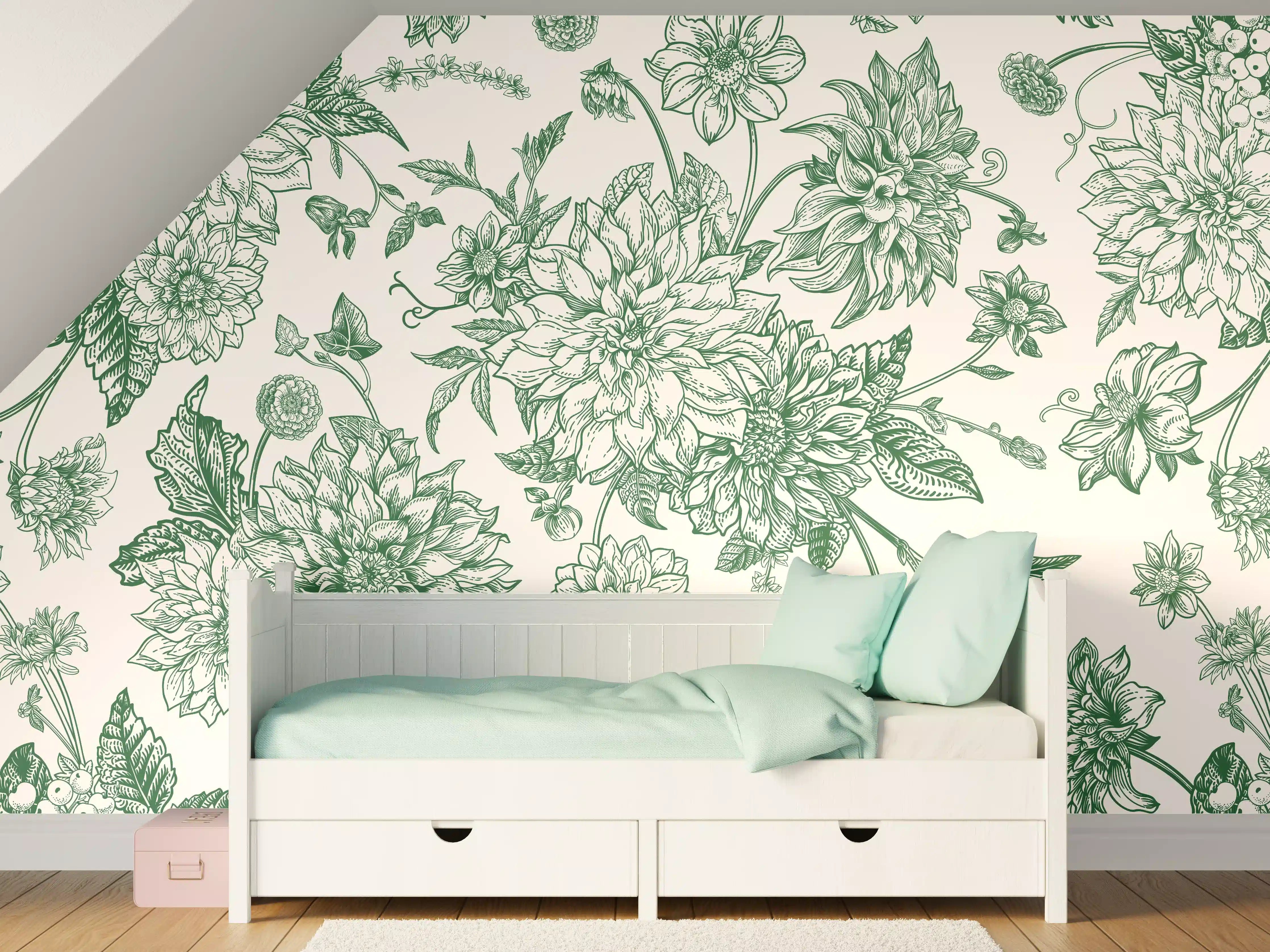 Kinderzimmer Wandgestaltung - Vintage Grün Blumen Lineart