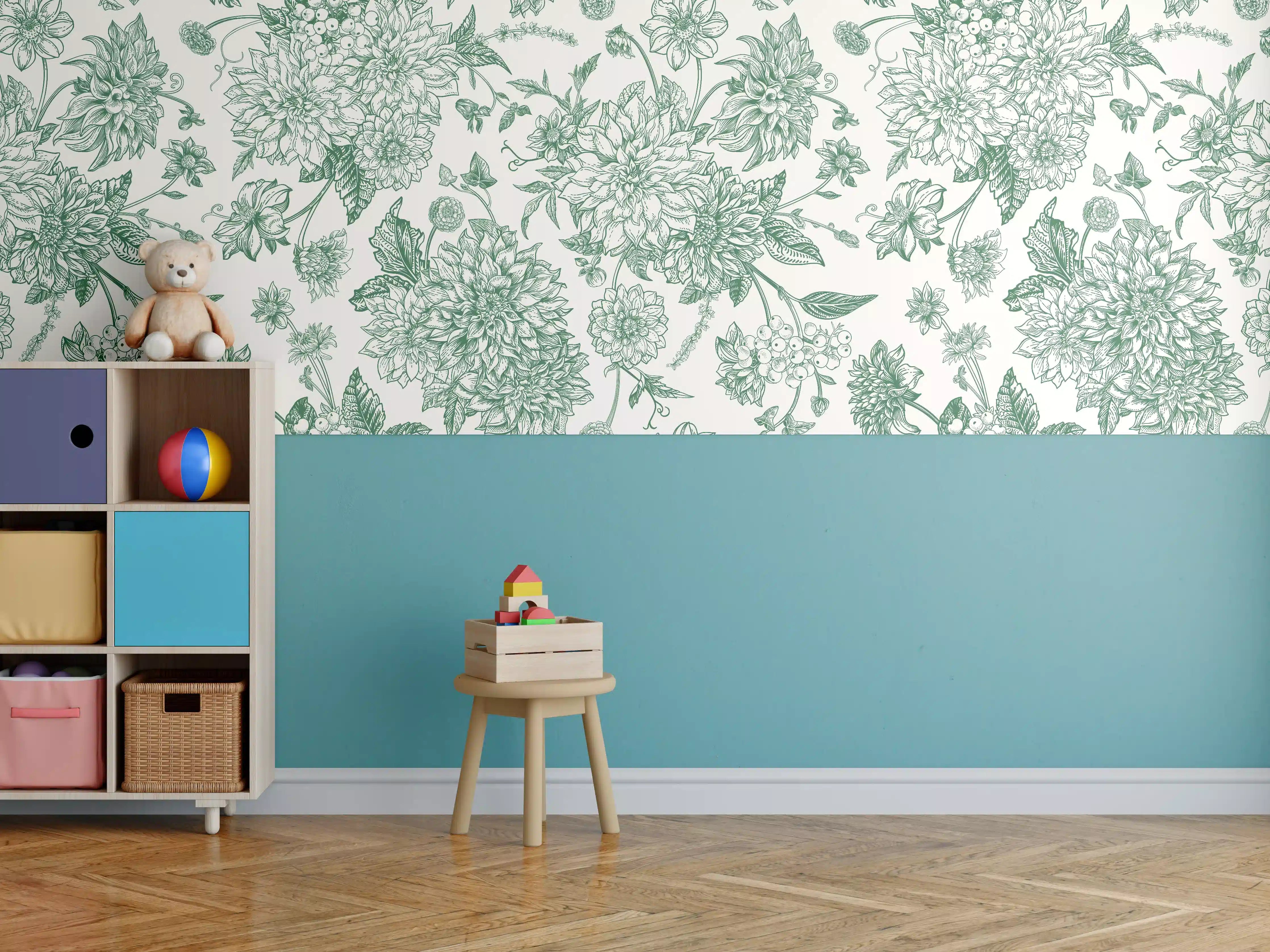 Kinderzimmer Wandgestaltung - Vintage Grün Blumen Lineart