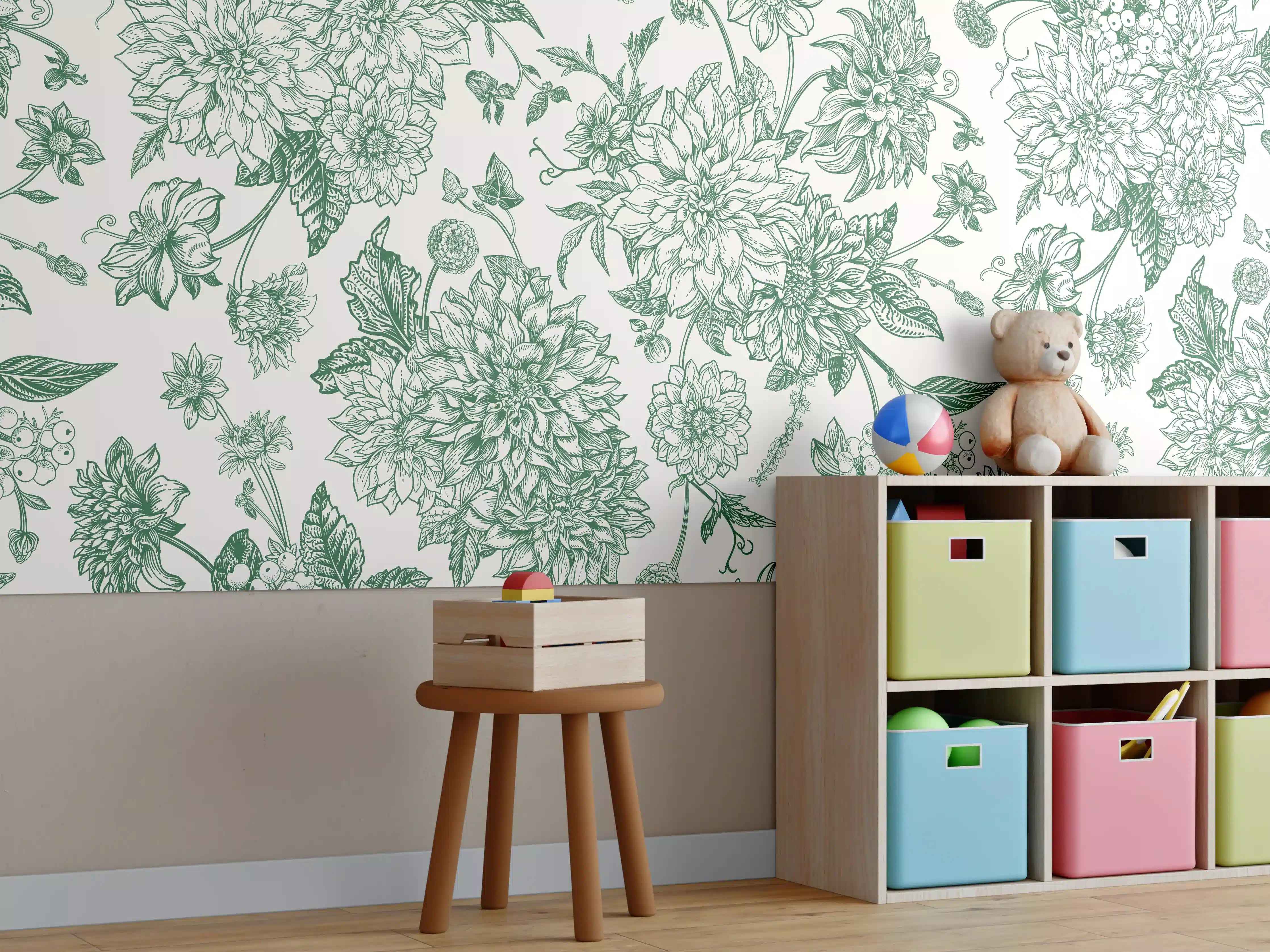 Kinderzimmer Wandgestaltung - Vintage Grün Blumen Lineart