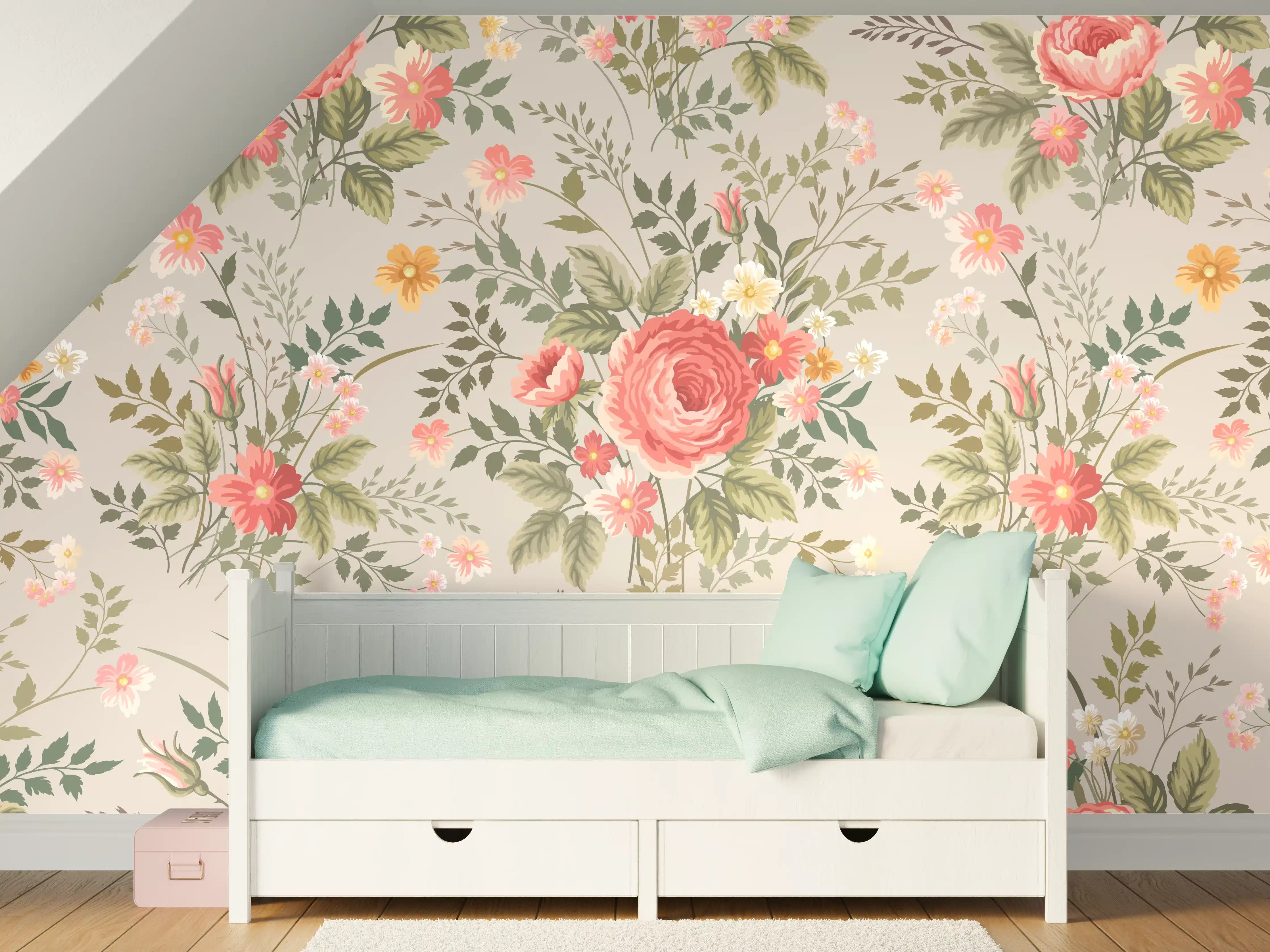 Kinderzimmer Wandgestaltung - Vintage Pfirsich-Blumenmuster