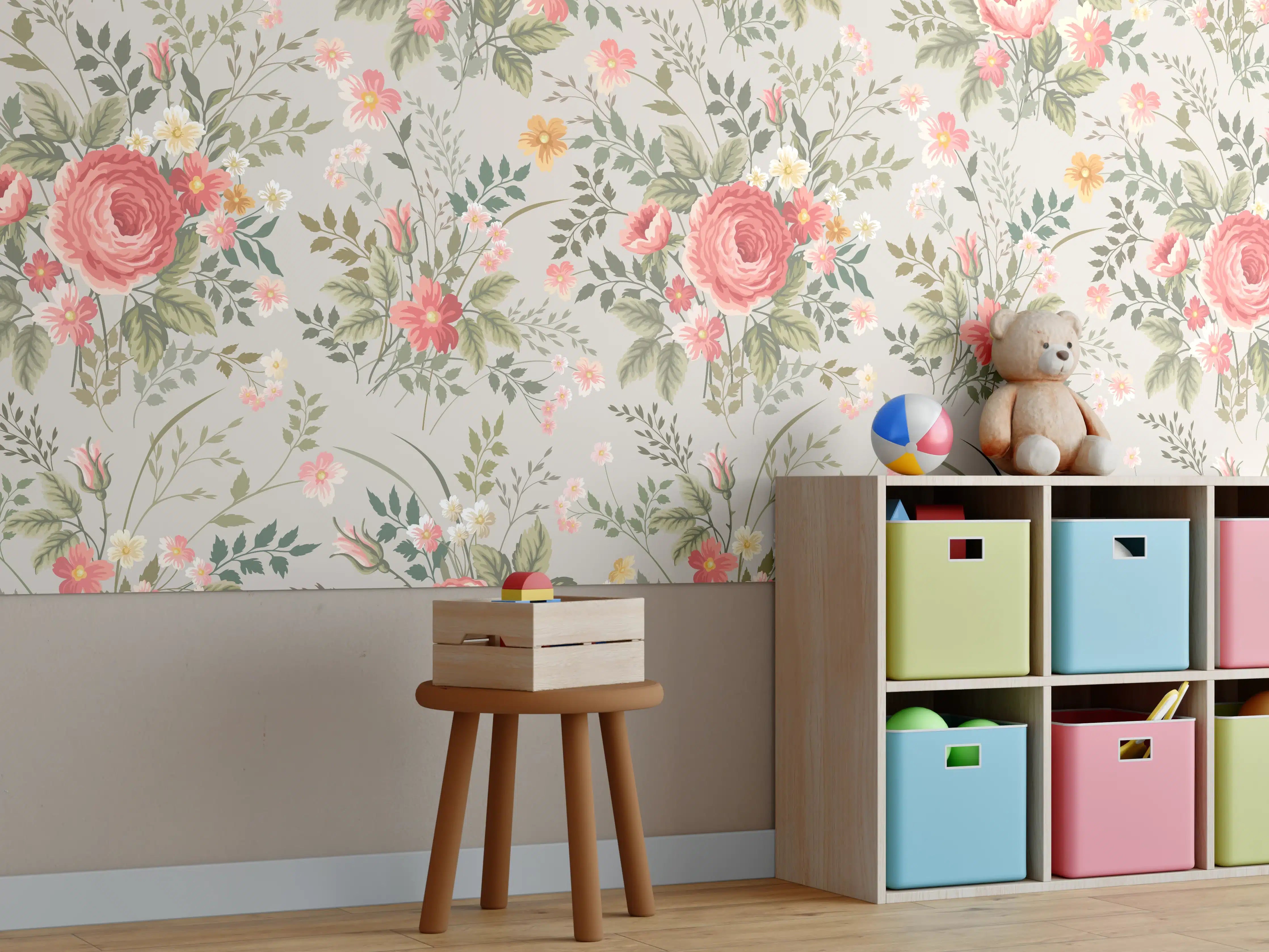 Kinderzimmer Wandgestaltung - Vintage Pfirsich-Blumenmuster