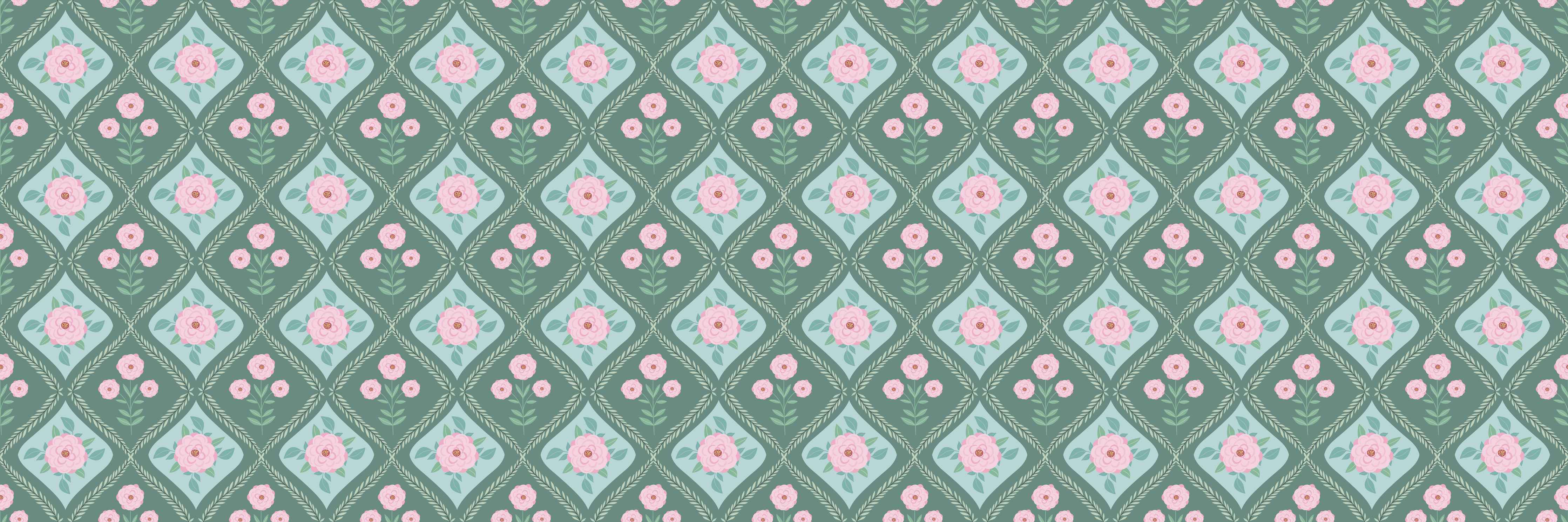 Kinderzimmer Wandgestaltung-Vintage Rosen Tapete Grün-Rosa