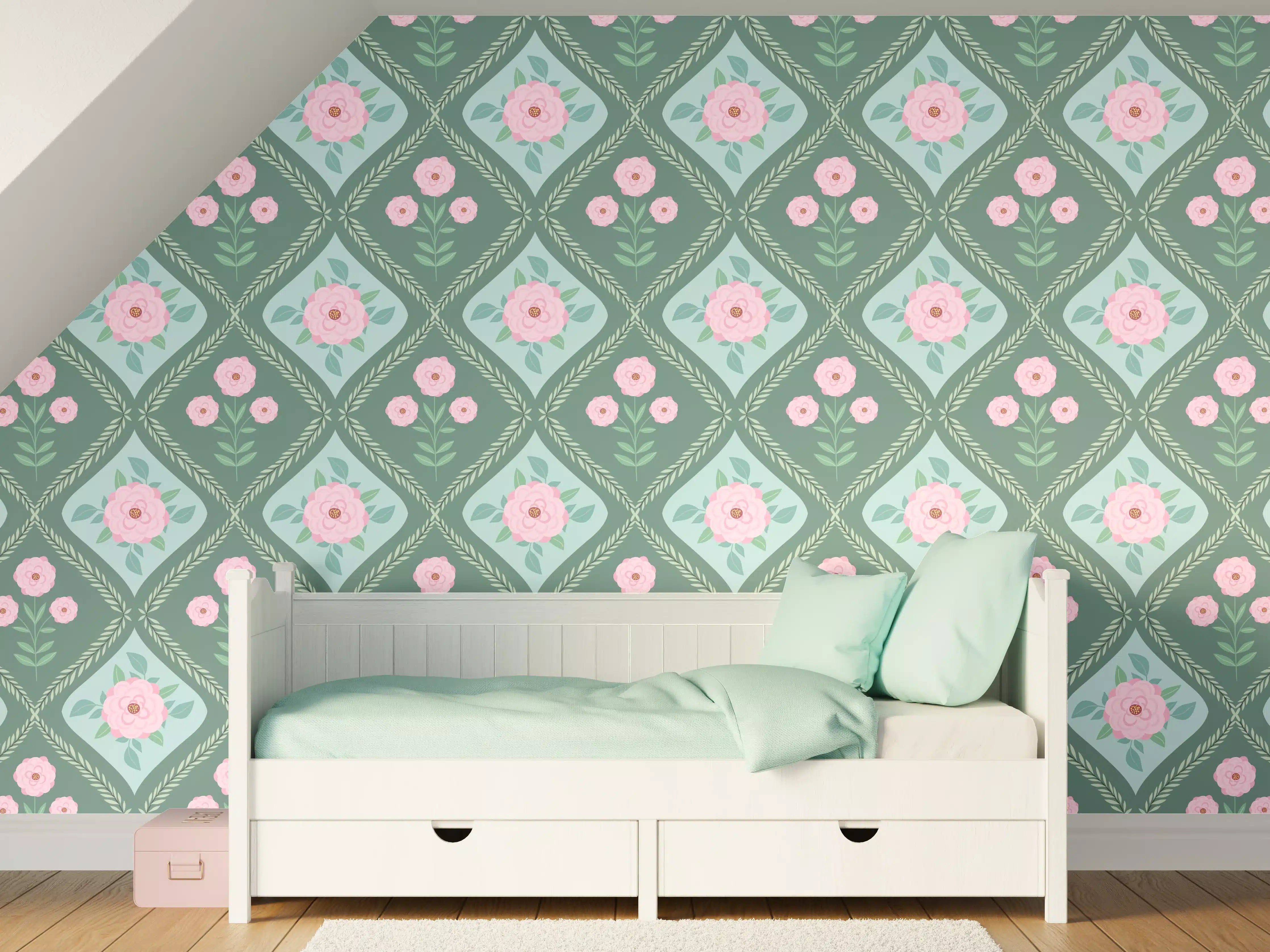 Kinderzimmer Wandgestaltung - Vintage Rosen Tapete Grün-Rosa