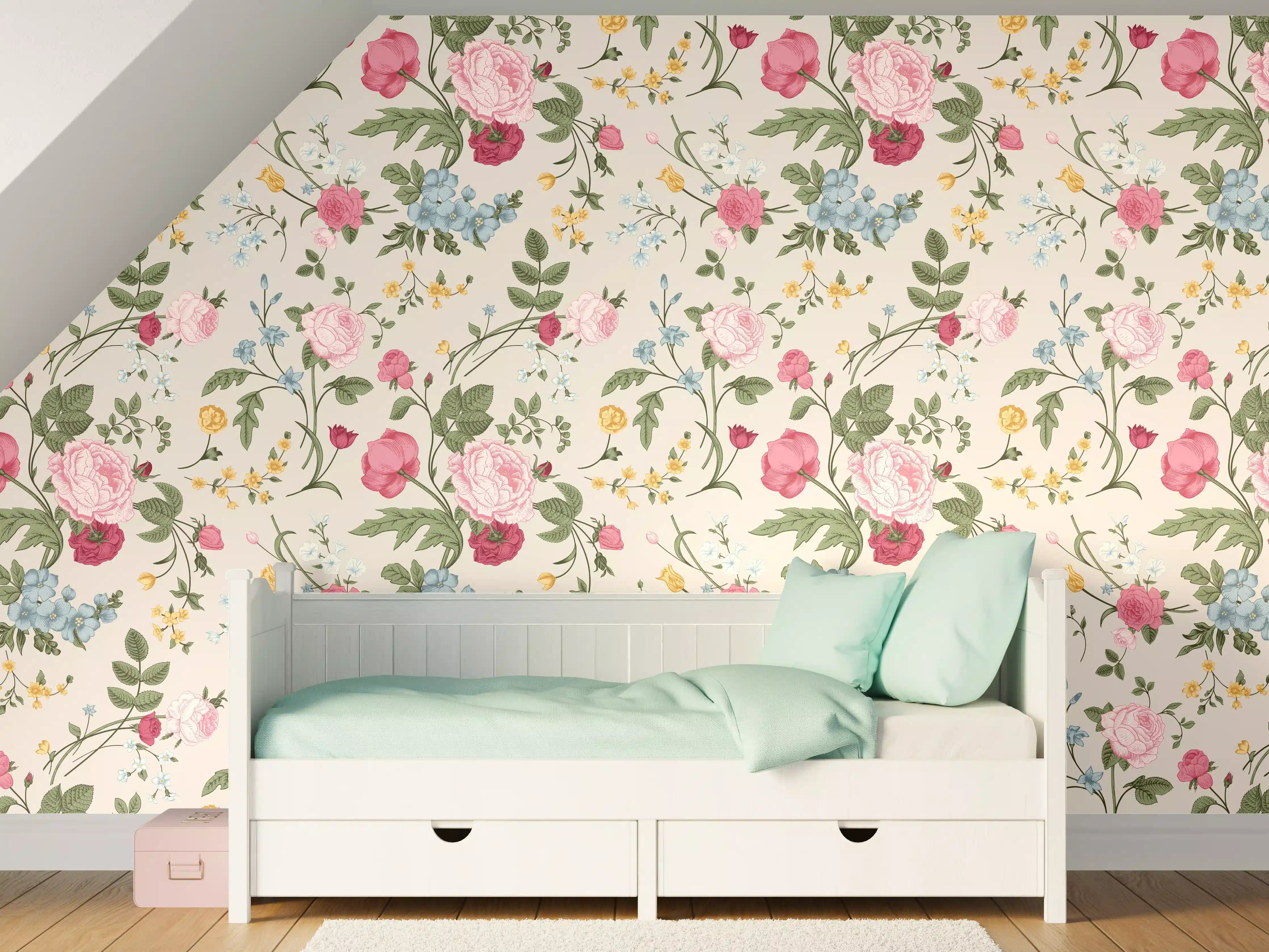 Kinderzimmer Wandgestaltung - Vintage Rosenmuster Rosa-Beige