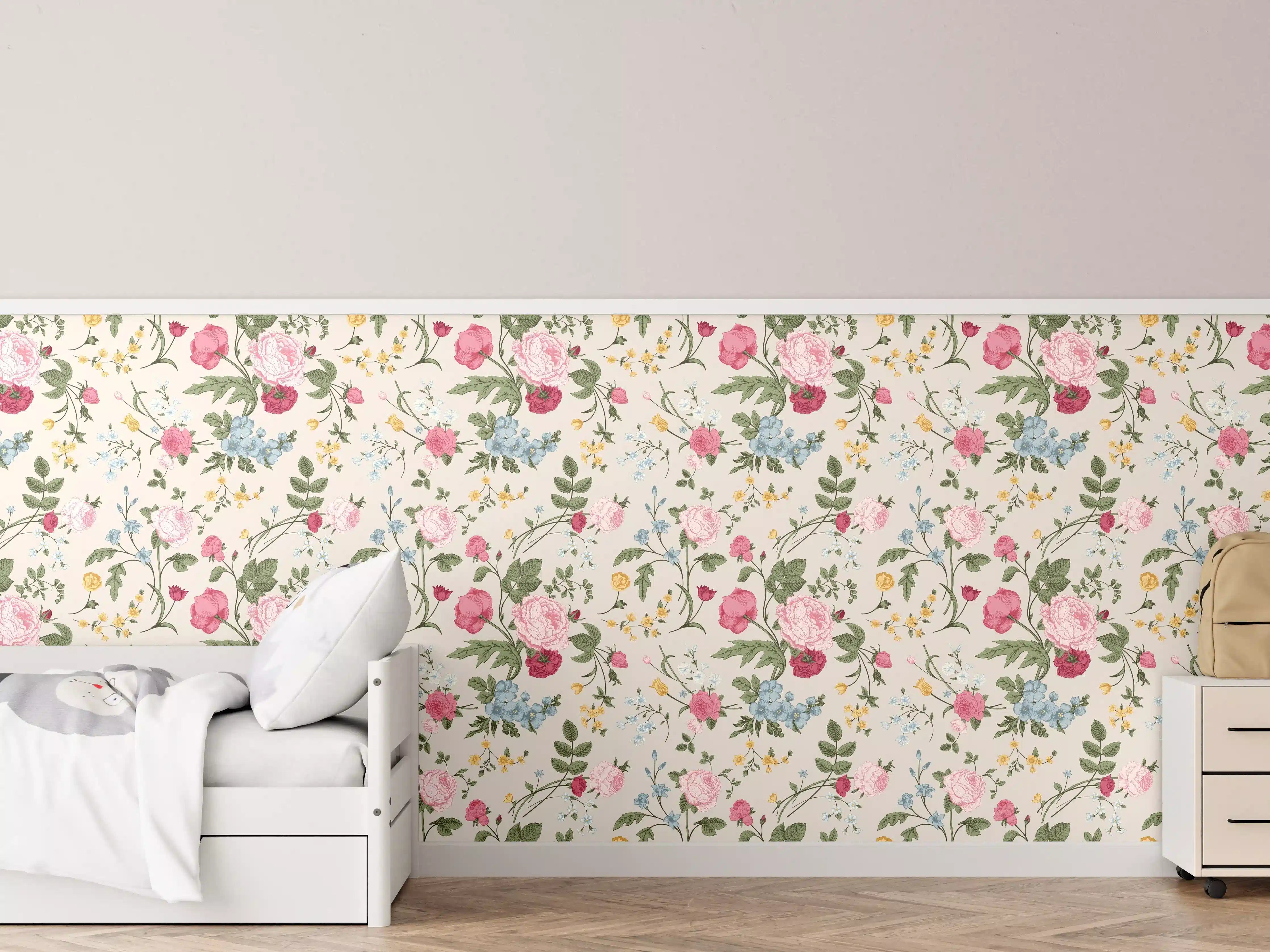 Kinderzimmer Wandgestaltung - Vintage Rosenmuster Rosa-Beige