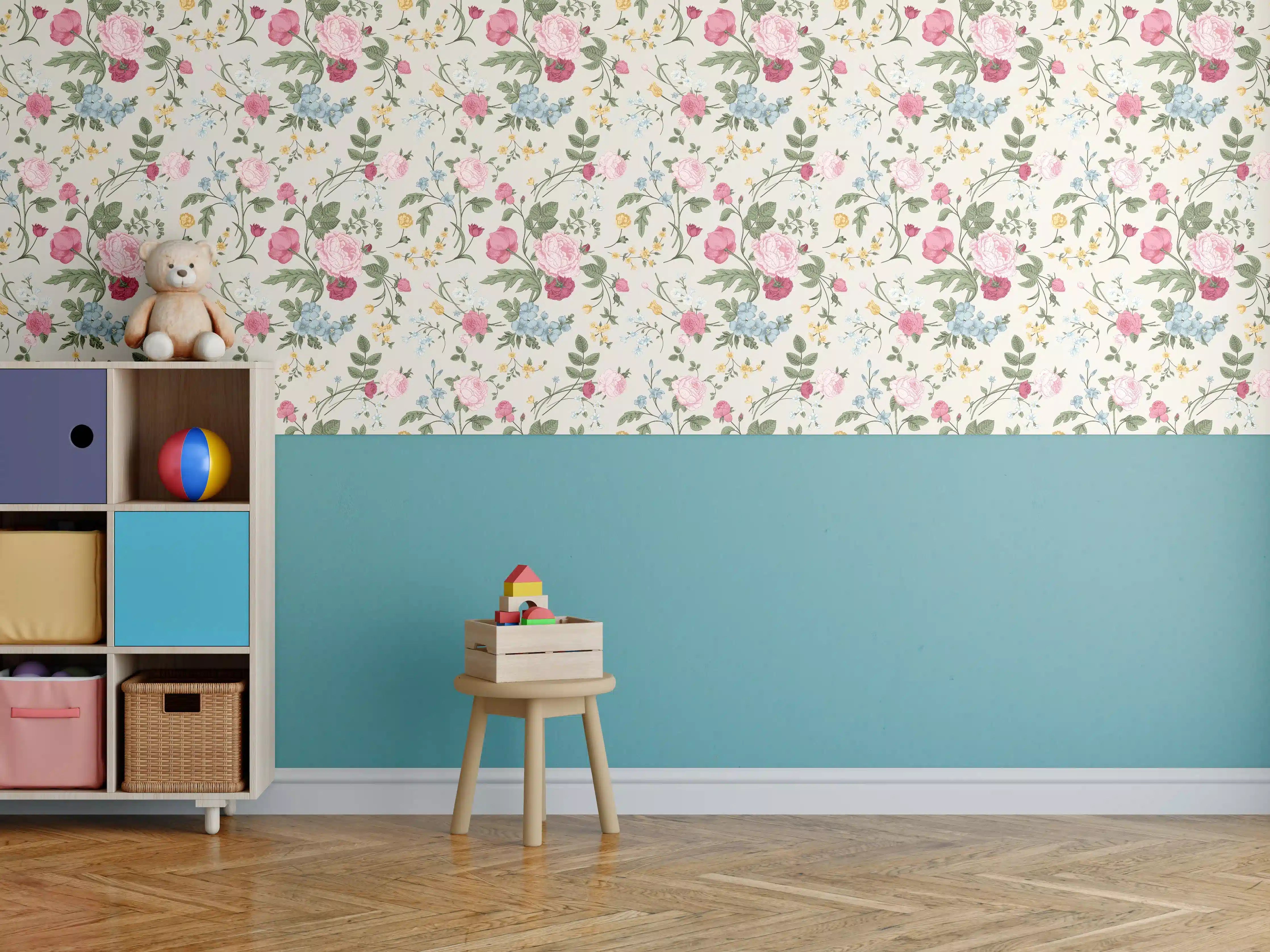 Kinderzimmer Wandgestaltung - Vintage Rosenmuster Rosa-Beige