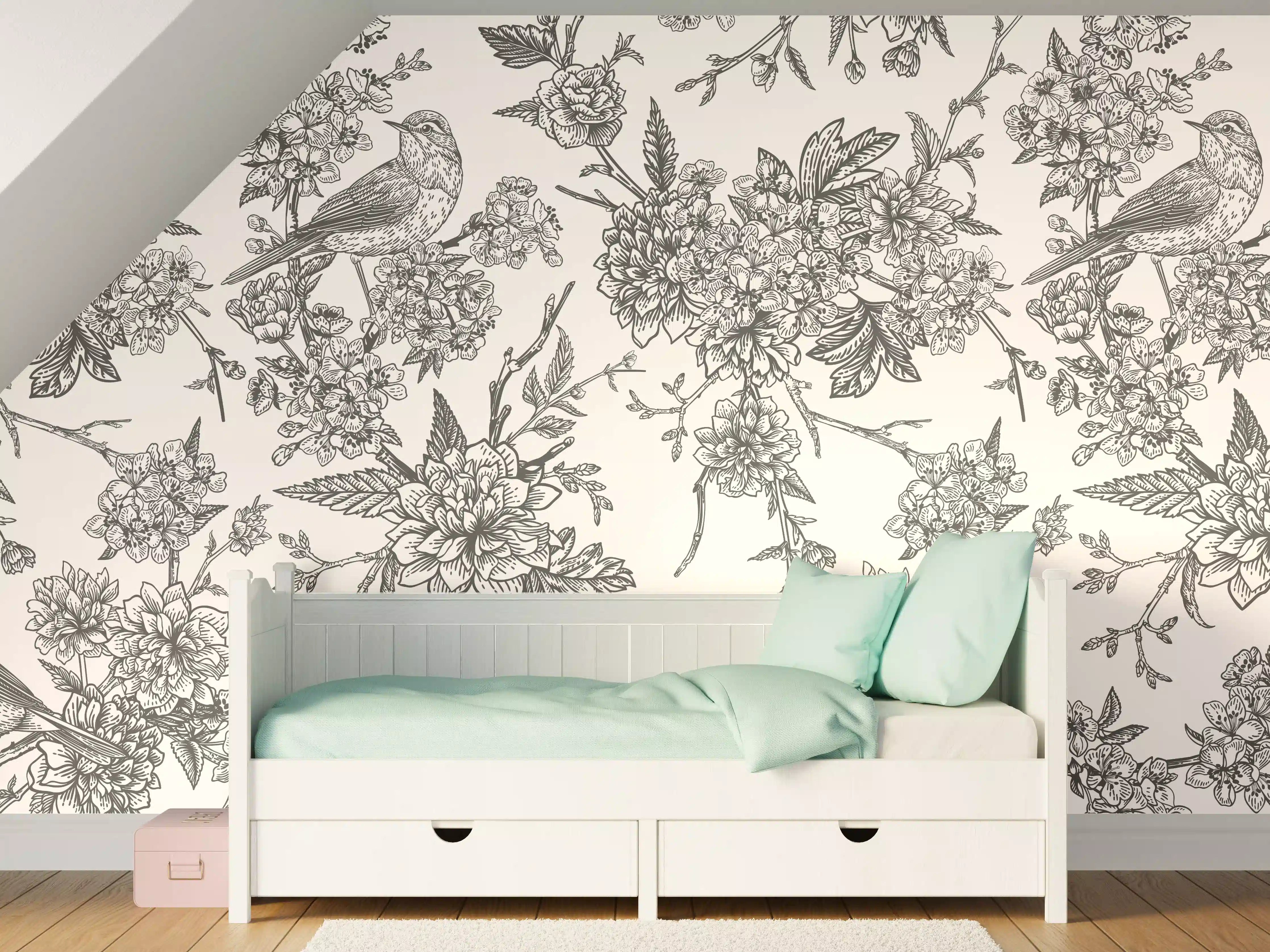 Kinderzimmer Wandgestaltung - Vintage Schwarzweiß Blumenmuster