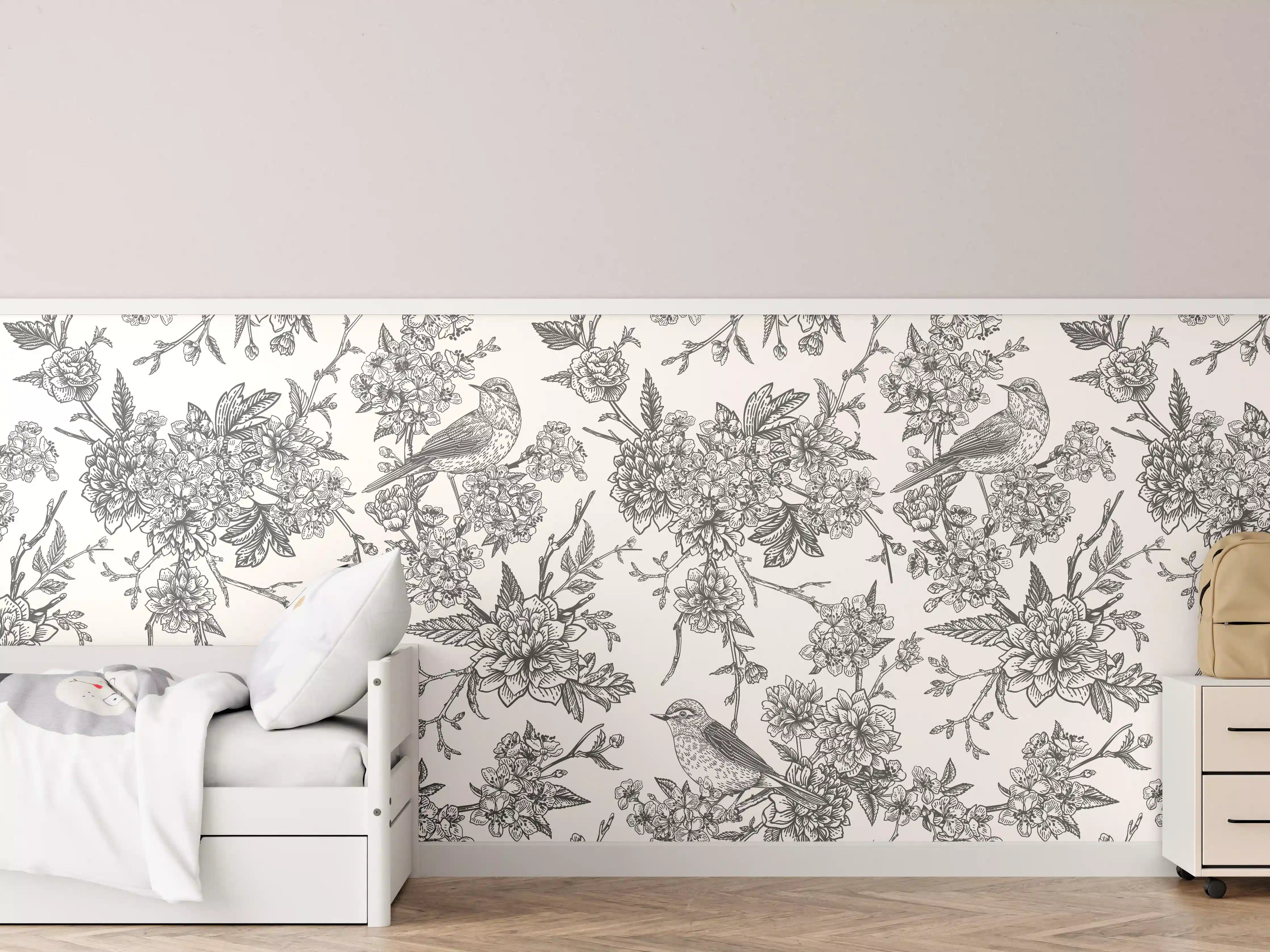 Kinderzimmer Wandgestaltung - Vintage Schwarzweiß Blumenmuster
