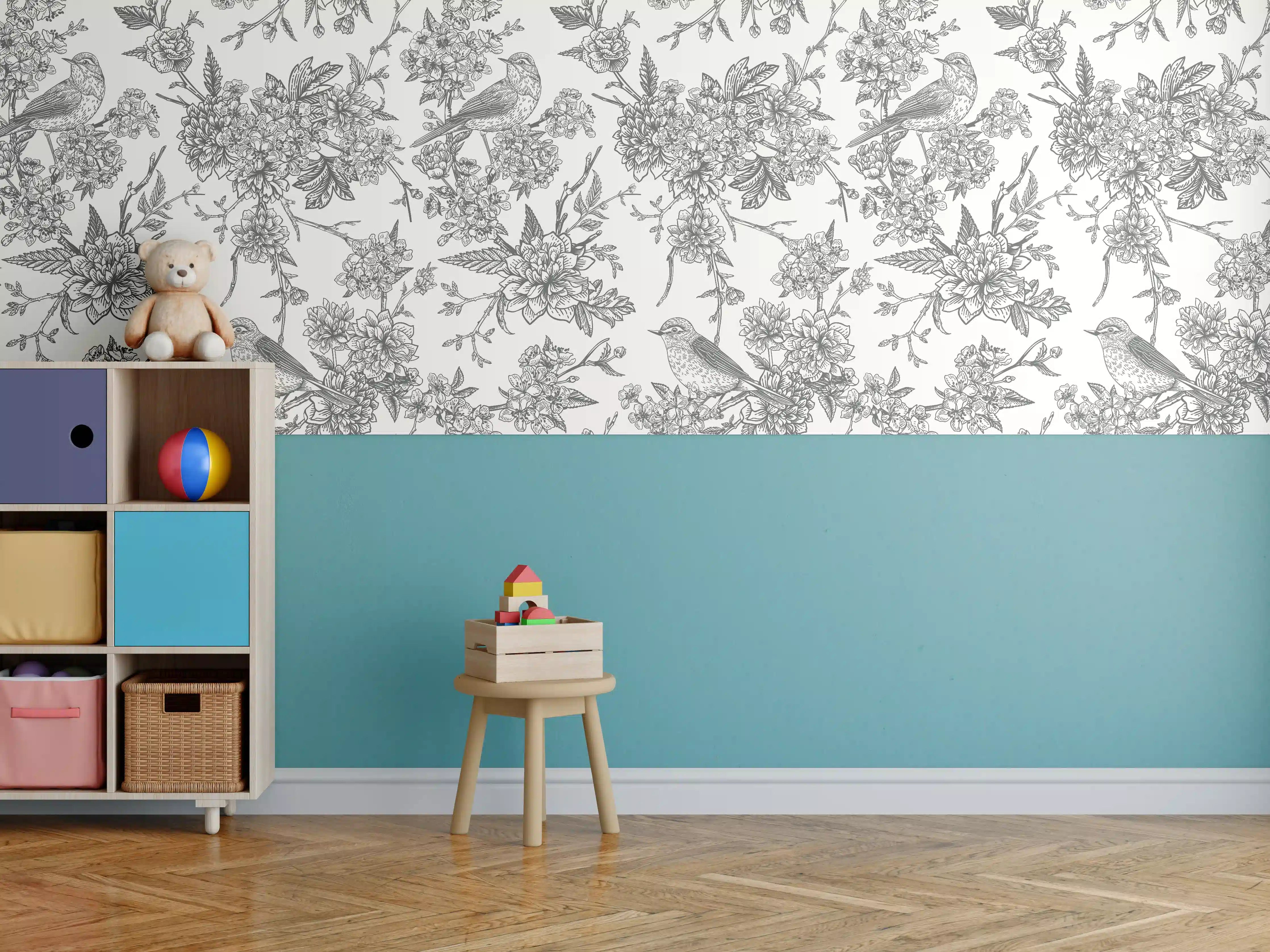 Kinderzimmer Wandgestaltung - Vintage Schwarzweiß Blumenmuster