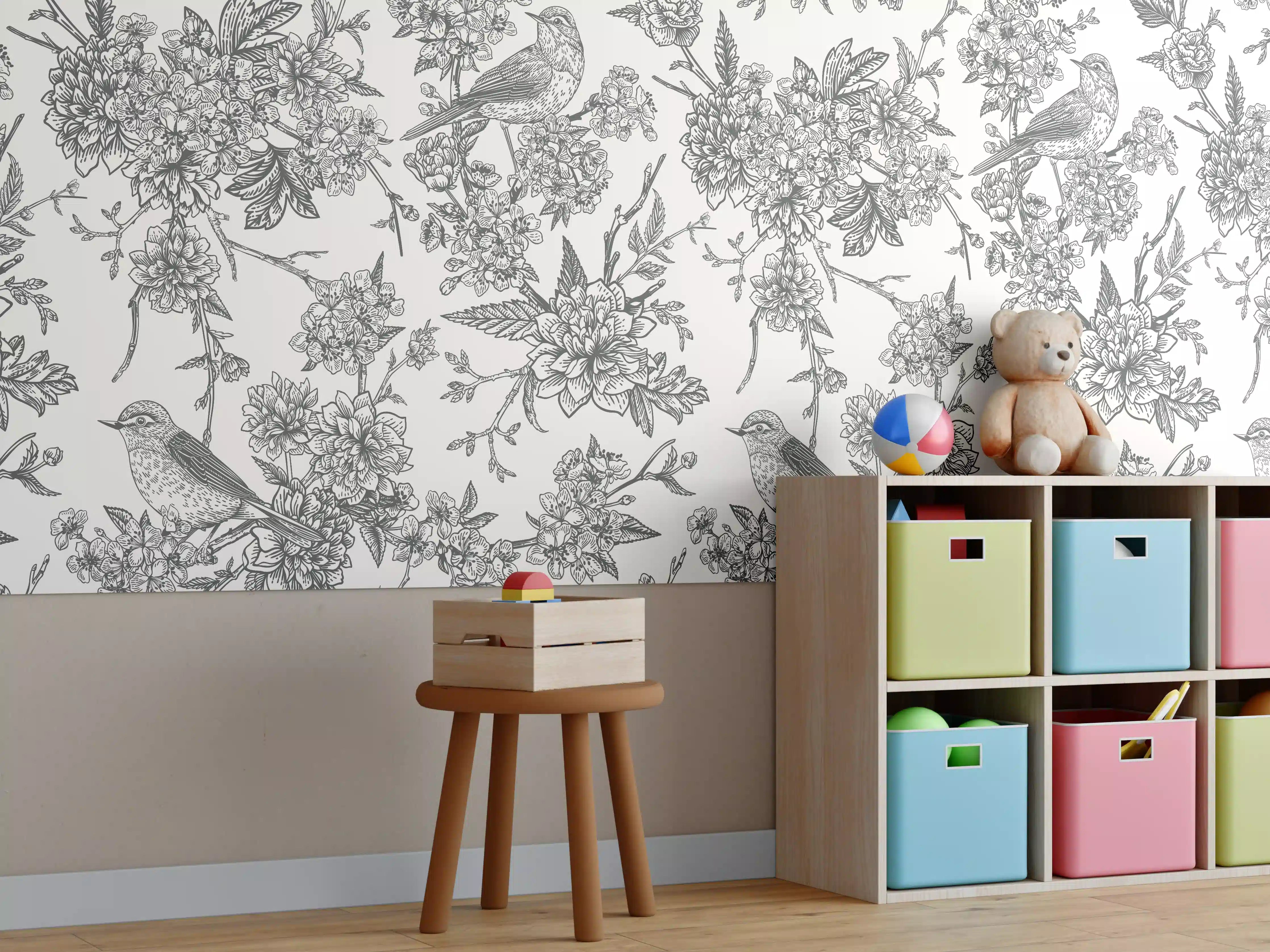 Kinderzimmer Wandgestaltung - Vintage Schwarzweiß Blumenmuster