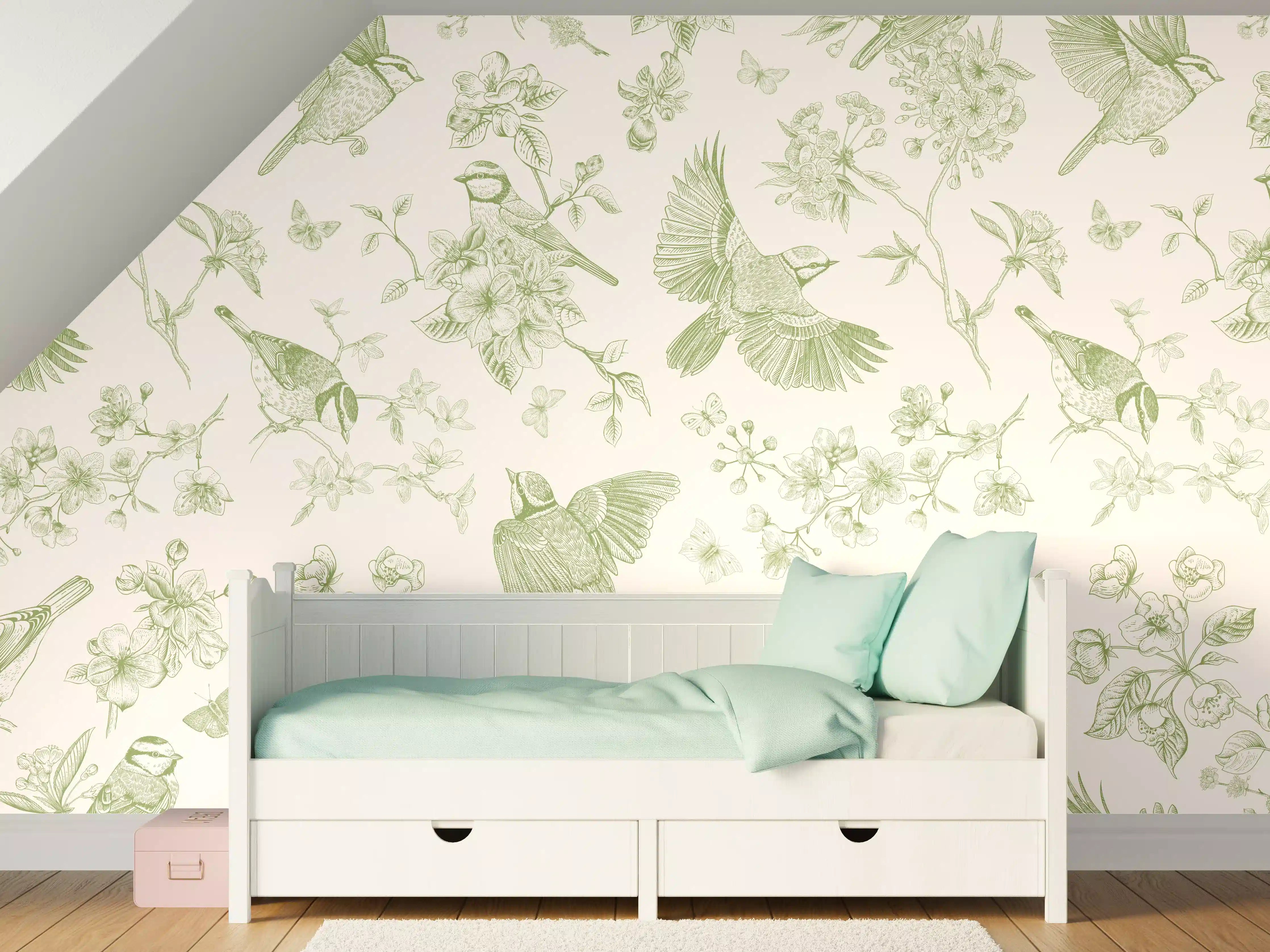 Kinderzimmer Wandgestaltung - Vintage Vogelgarten Grün-Beige