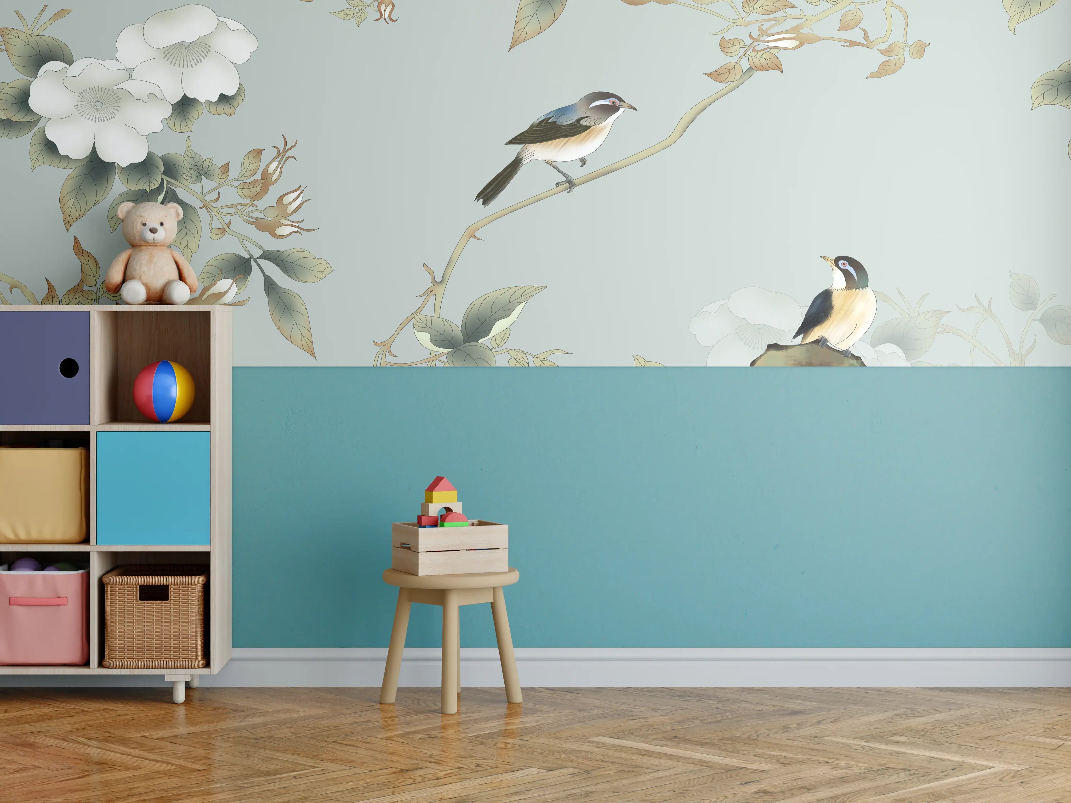 Kinderzimmer Wandgestaltung - Vögel Natur Illustration auf grauem Hintergrund