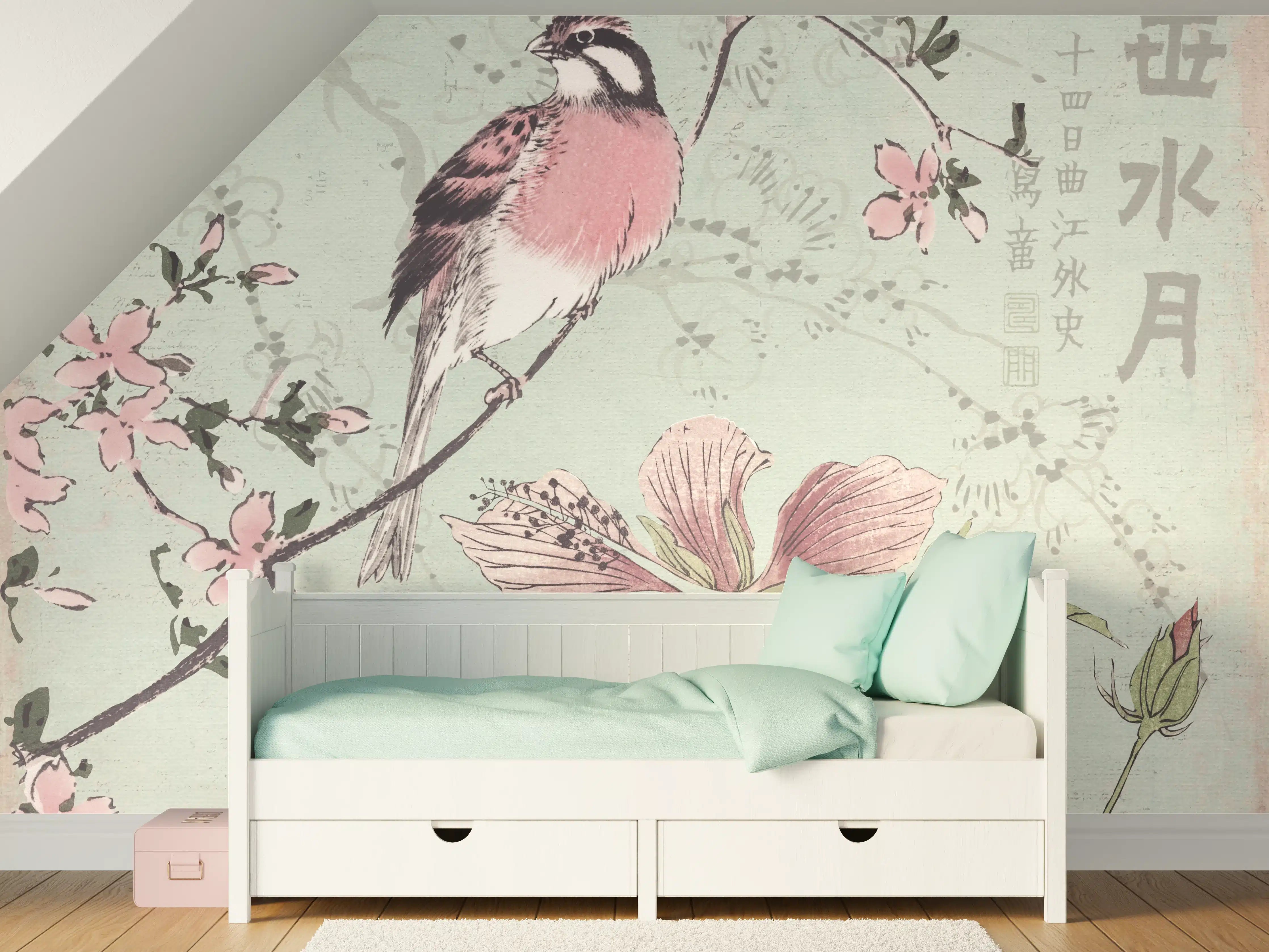 Kinderzimmer Wandgestaltung - Vogel Zeichnung - Floral