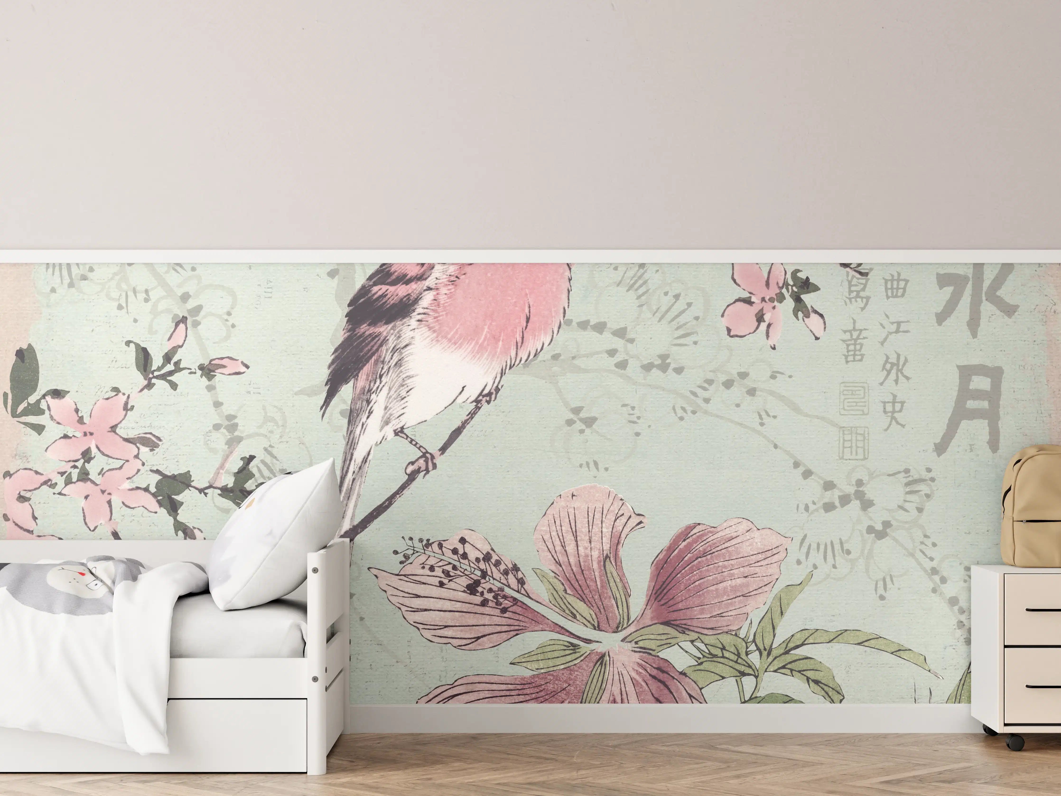 Kinderzimmer Wandgestaltung - Vogel Zeichnung - Floral