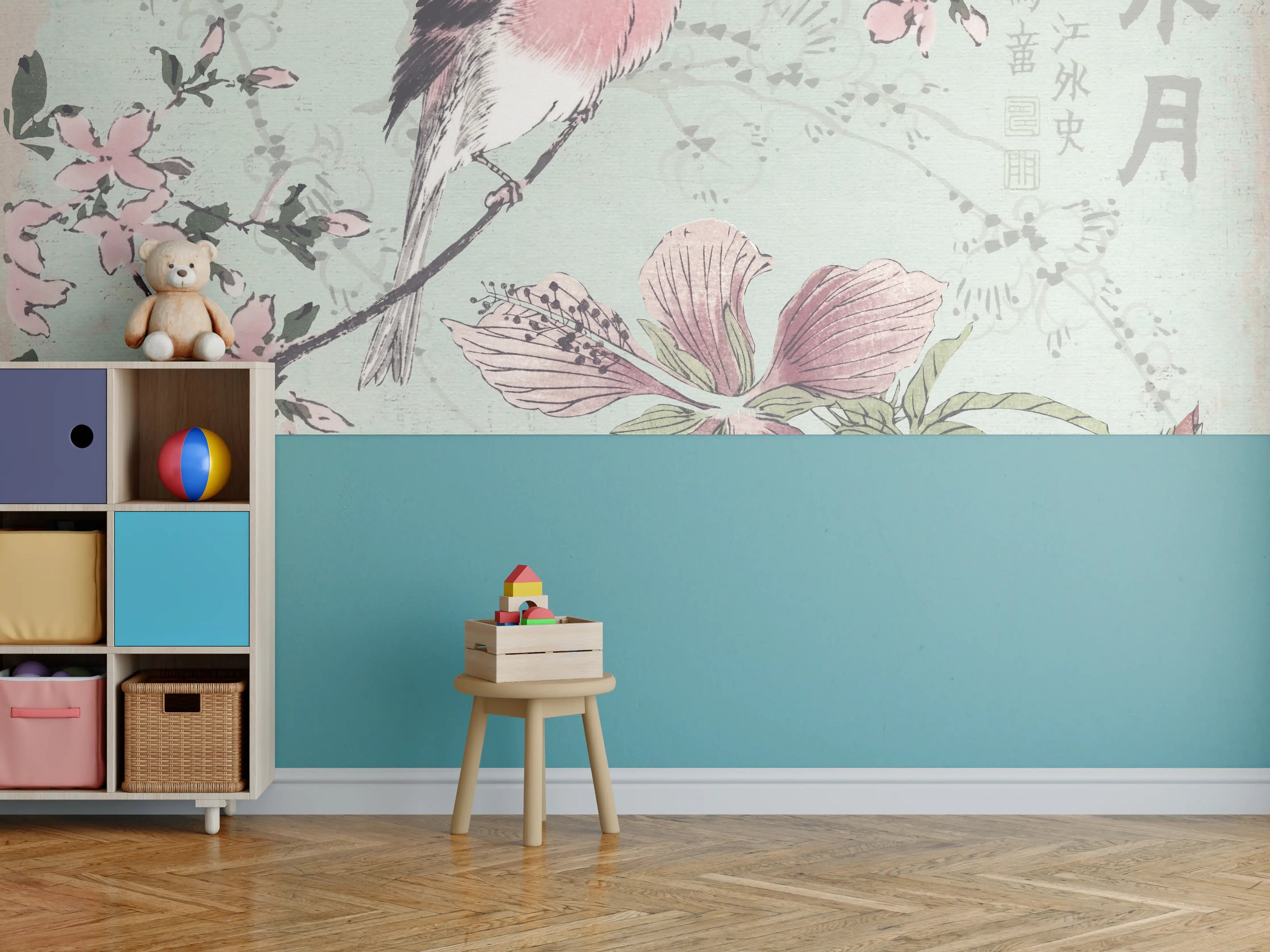 Kinderzimmer Wandgestaltung - Vogel Zeichnung - Floral