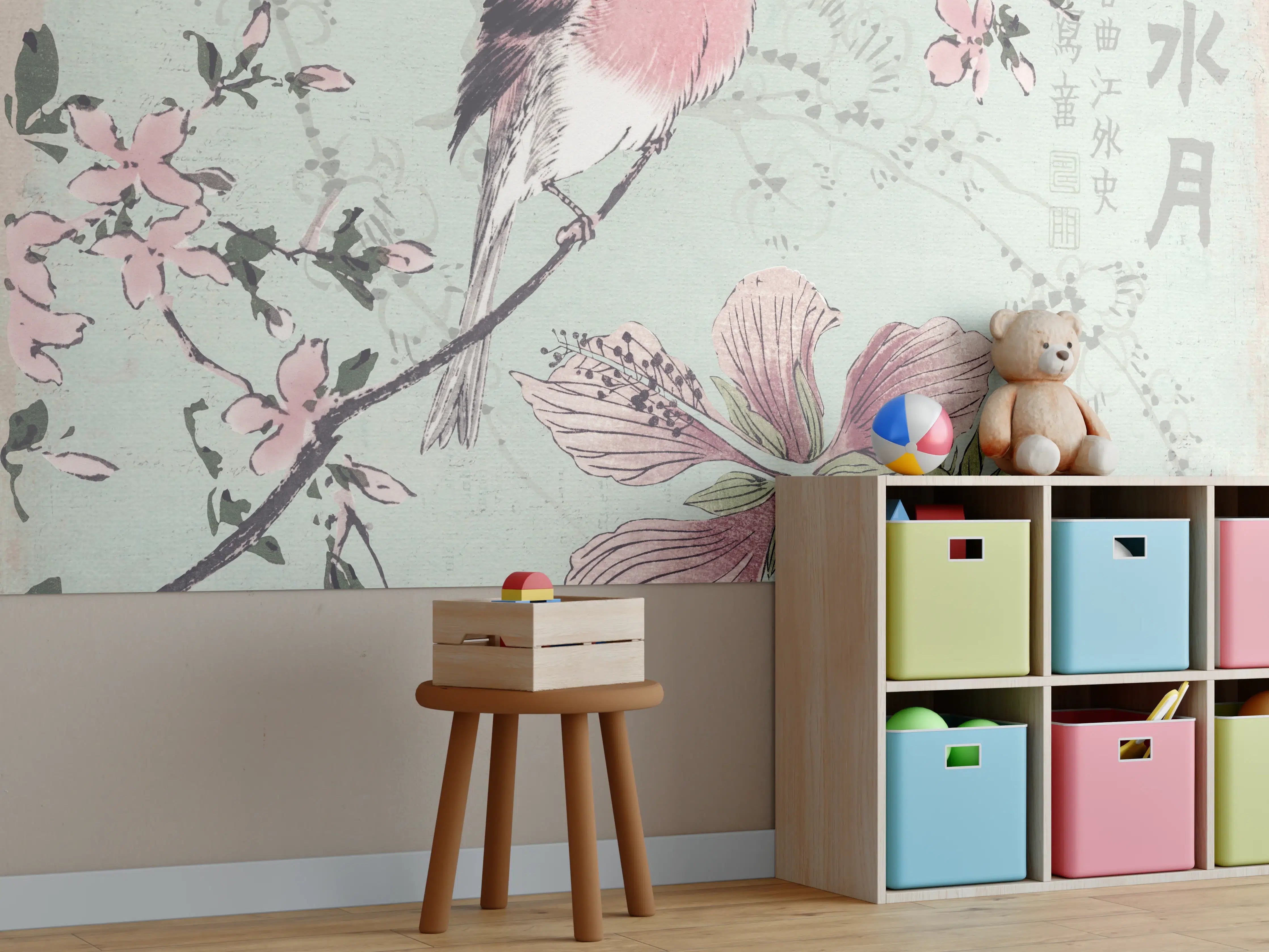 Kinderzimmer Wandgestaltung - Vogel Zeichnung - Floral