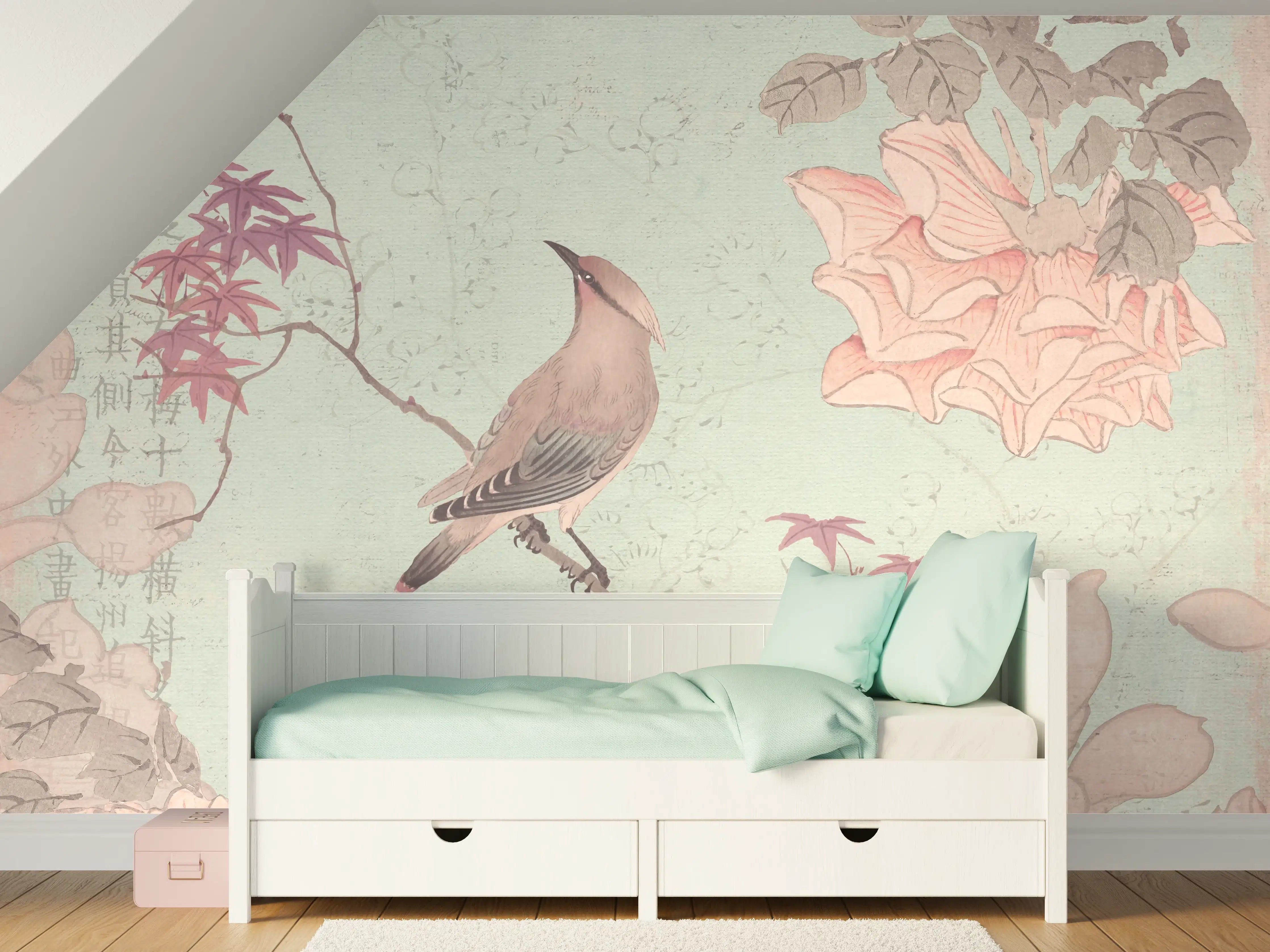Kinderzimmer Wandgestaltung - Vogel Zeichnung - Rosa