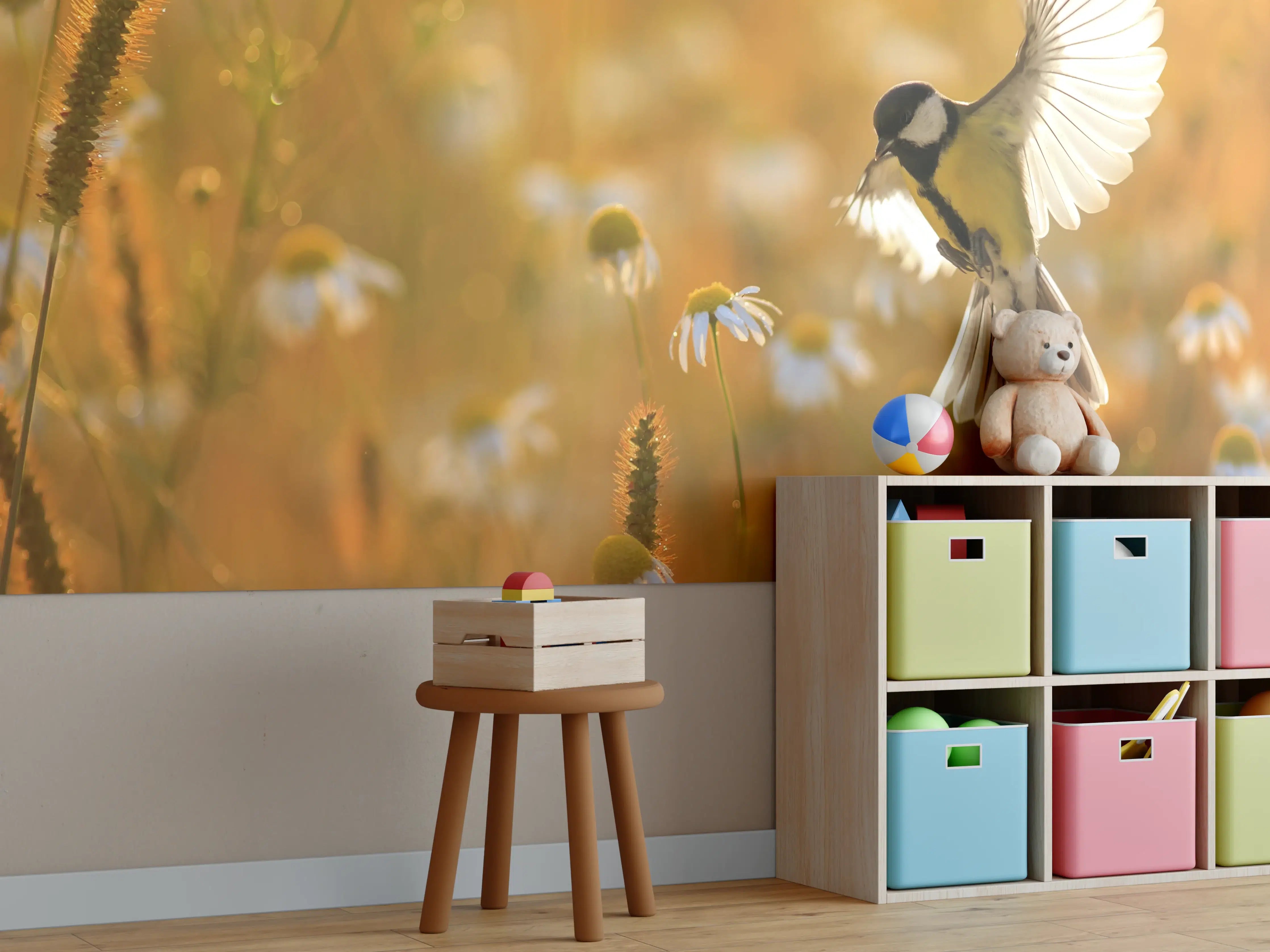 Kinderzimmer Wandgestaltung - Vogel im Sonnenlicht über Wildblumen