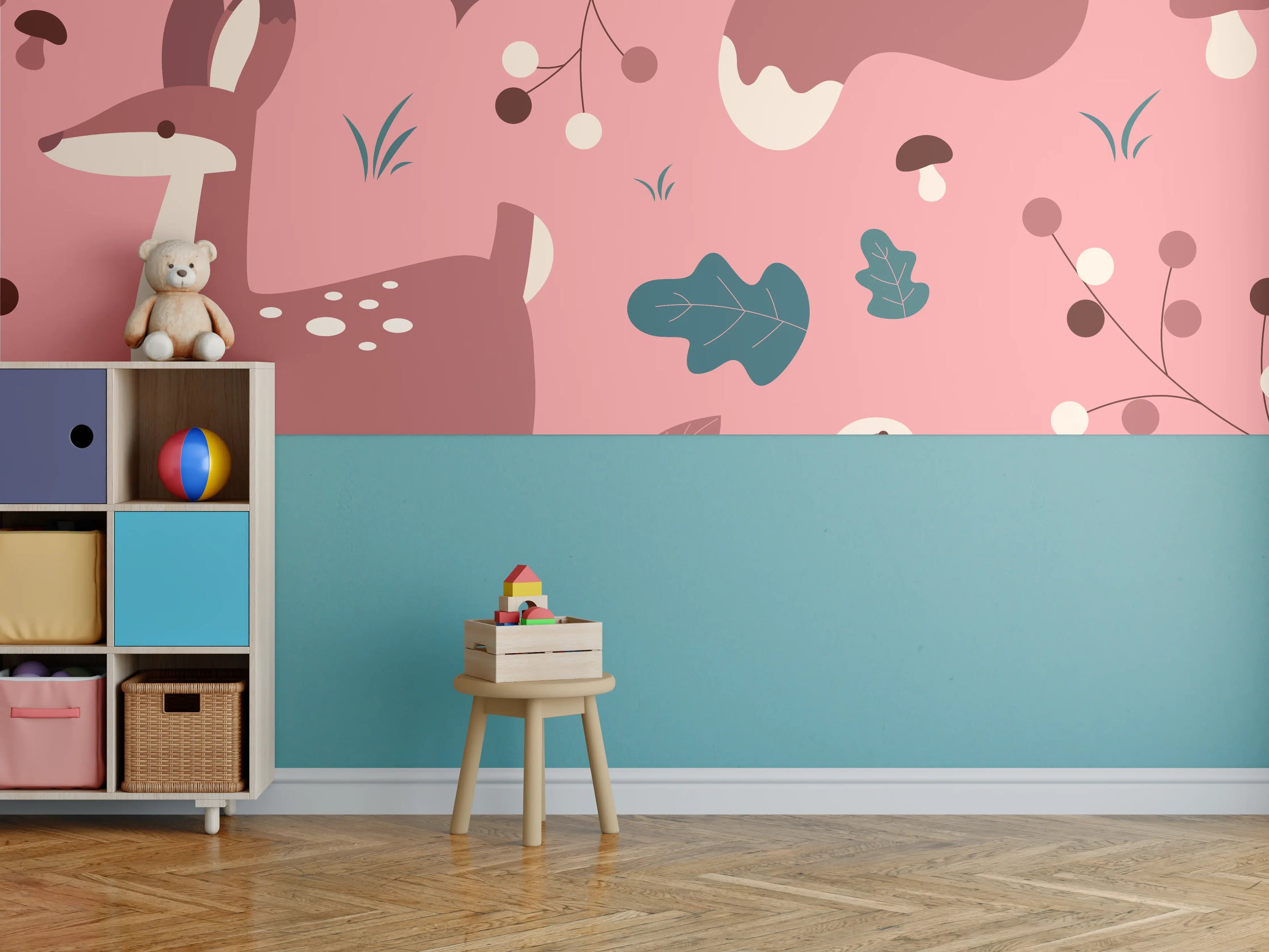 Kinderzimmer Wandgestaltung - Waldtier-Muster Rosa Hintergrund