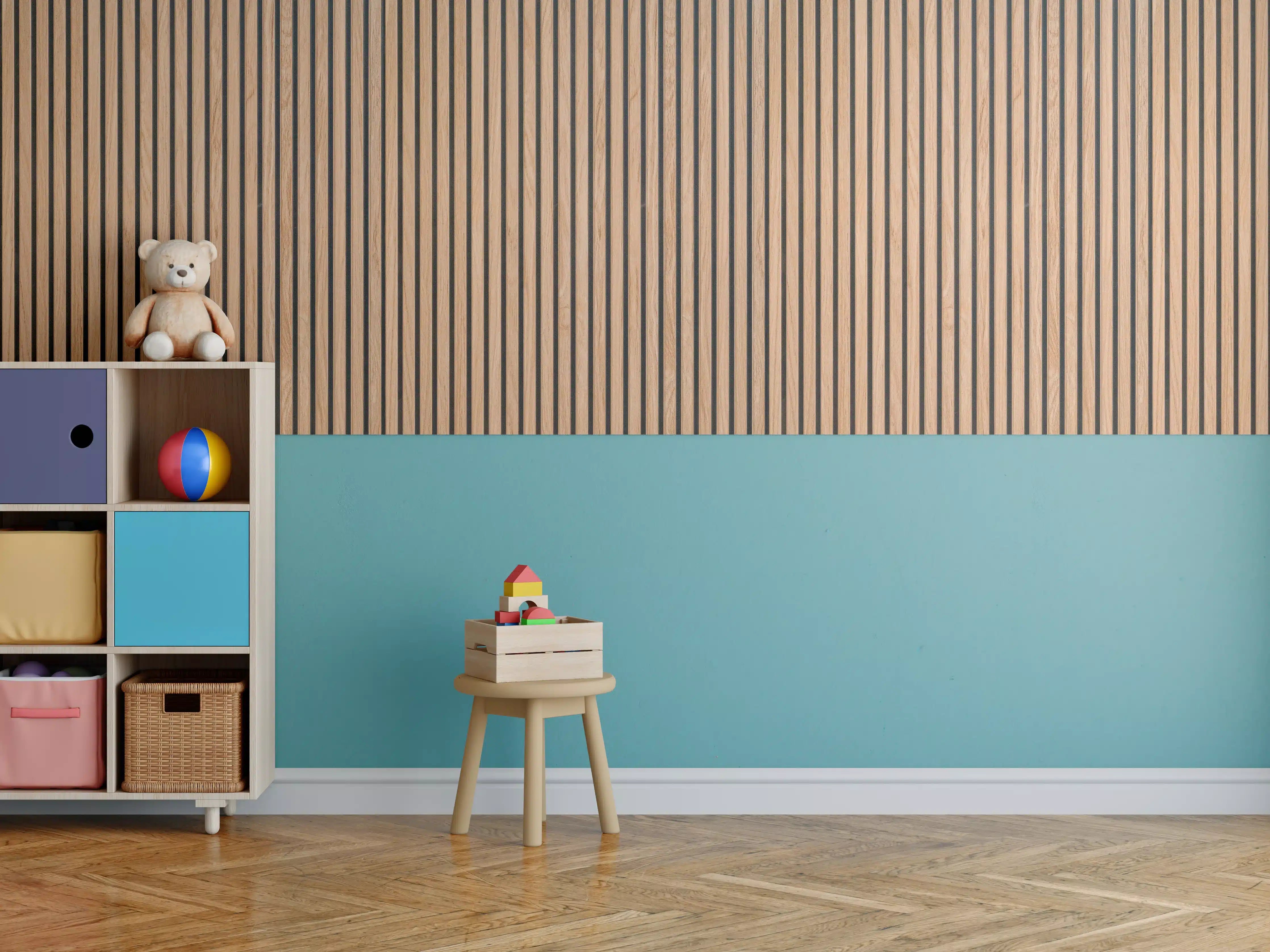 Kinderzimmer Wandgestaltung - Warme Holzlamellen