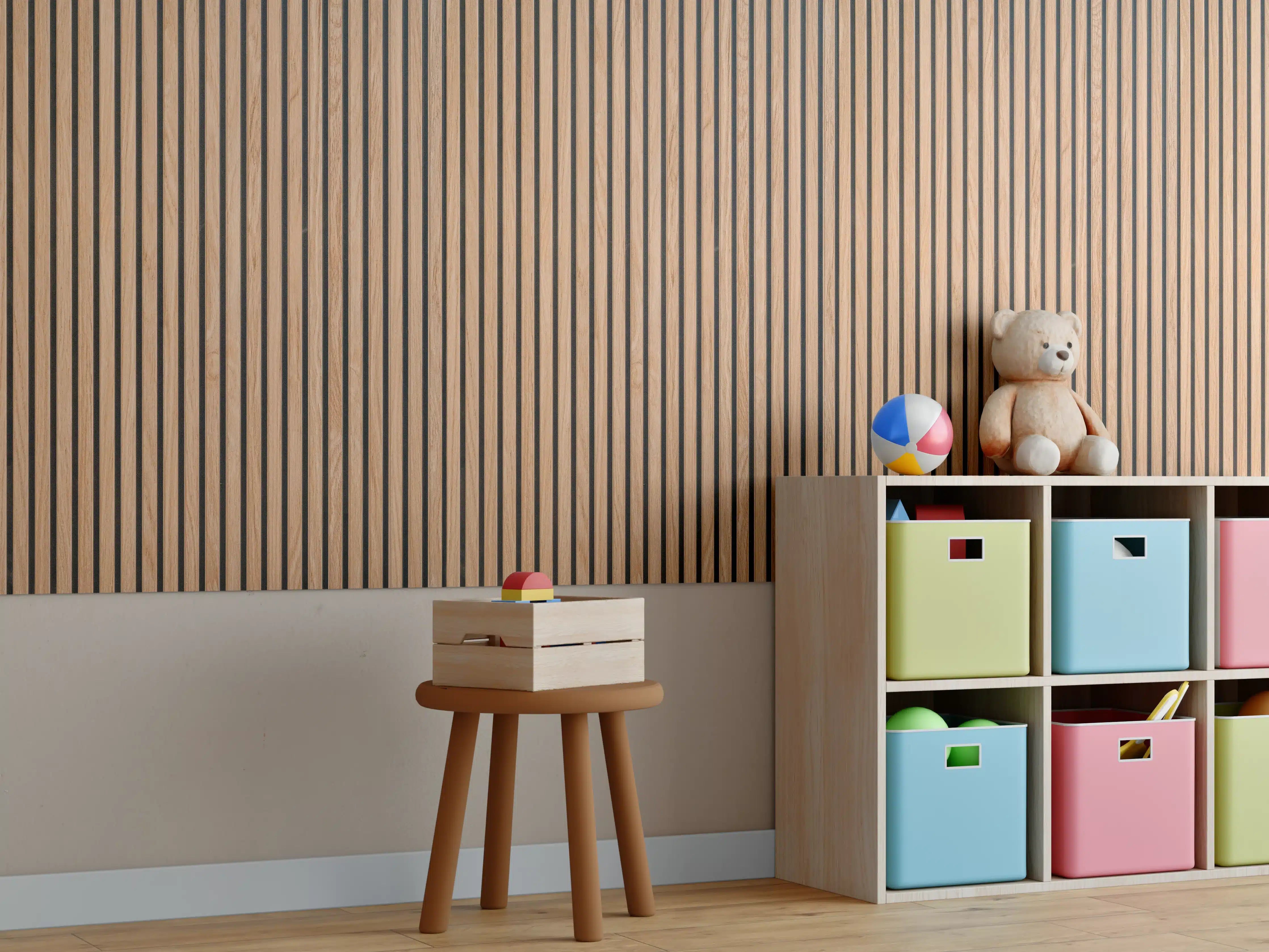 Kinderzimmer Wandgestaltung - Warme Holzlamellen