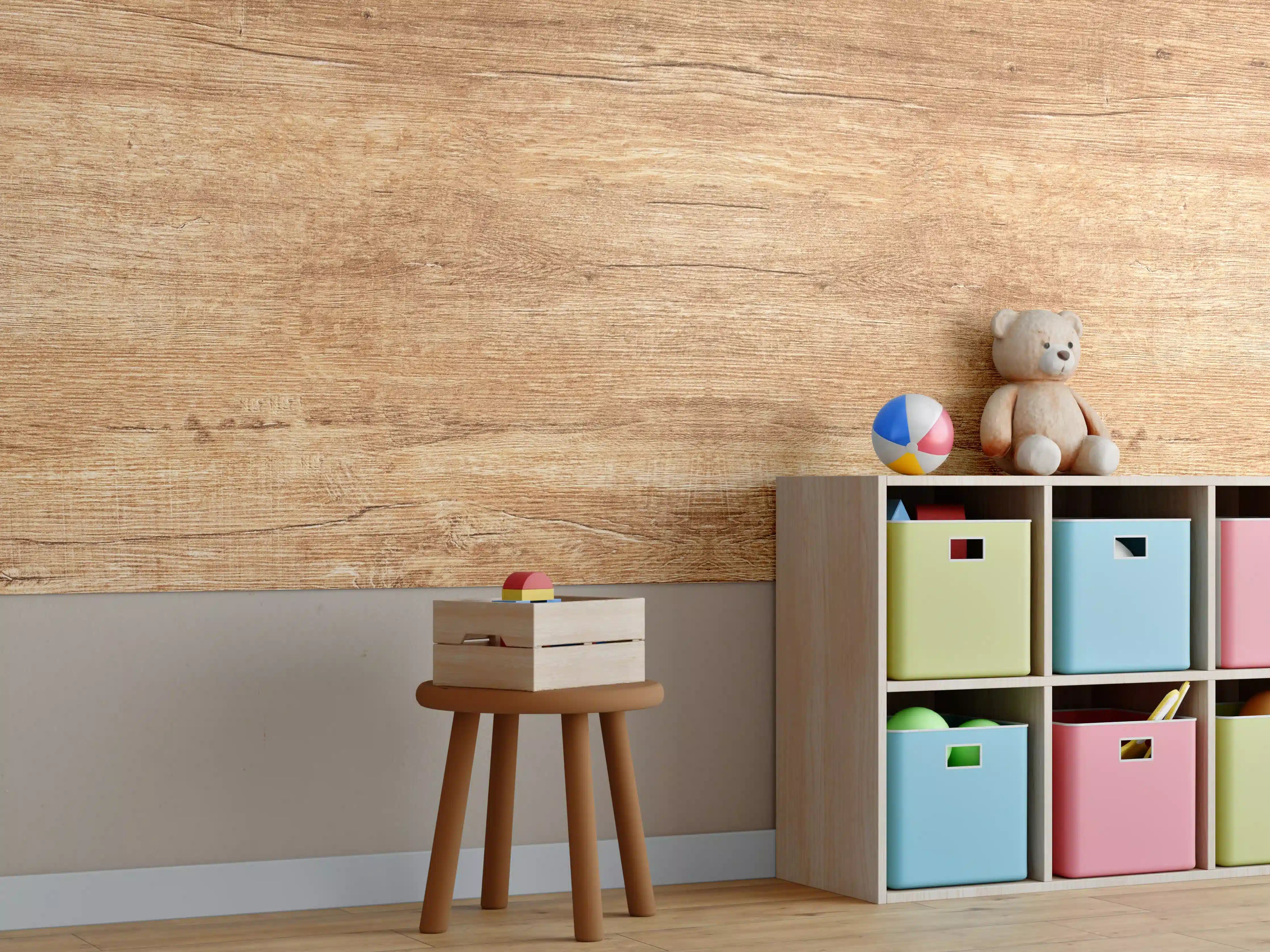Kinderzimmer Wandgestaltung - Warme Holzmaserung in Naturtönen