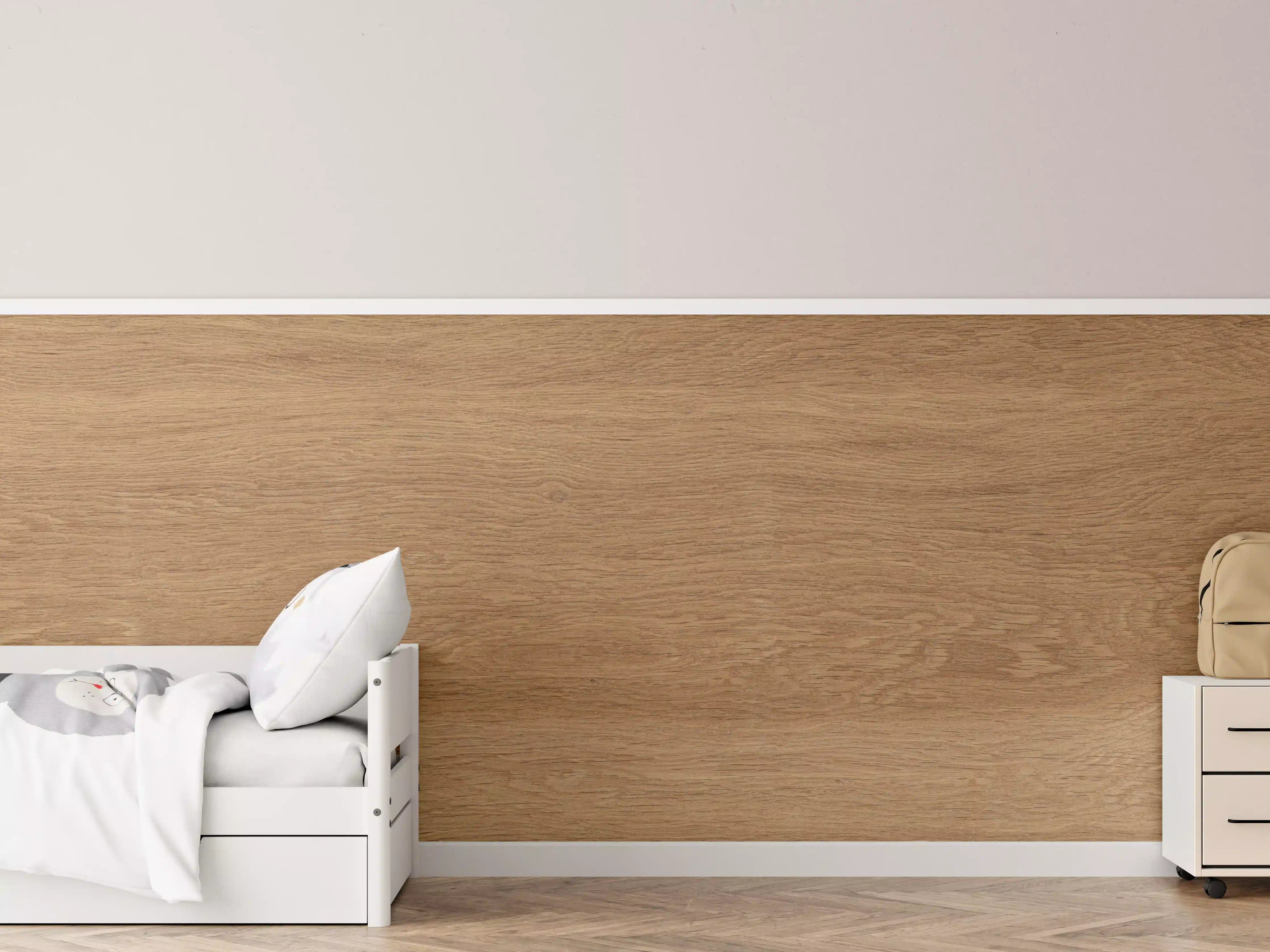 Kinderzimmer Wandgestaltung - Warme Holzmaserung mit Grauflair