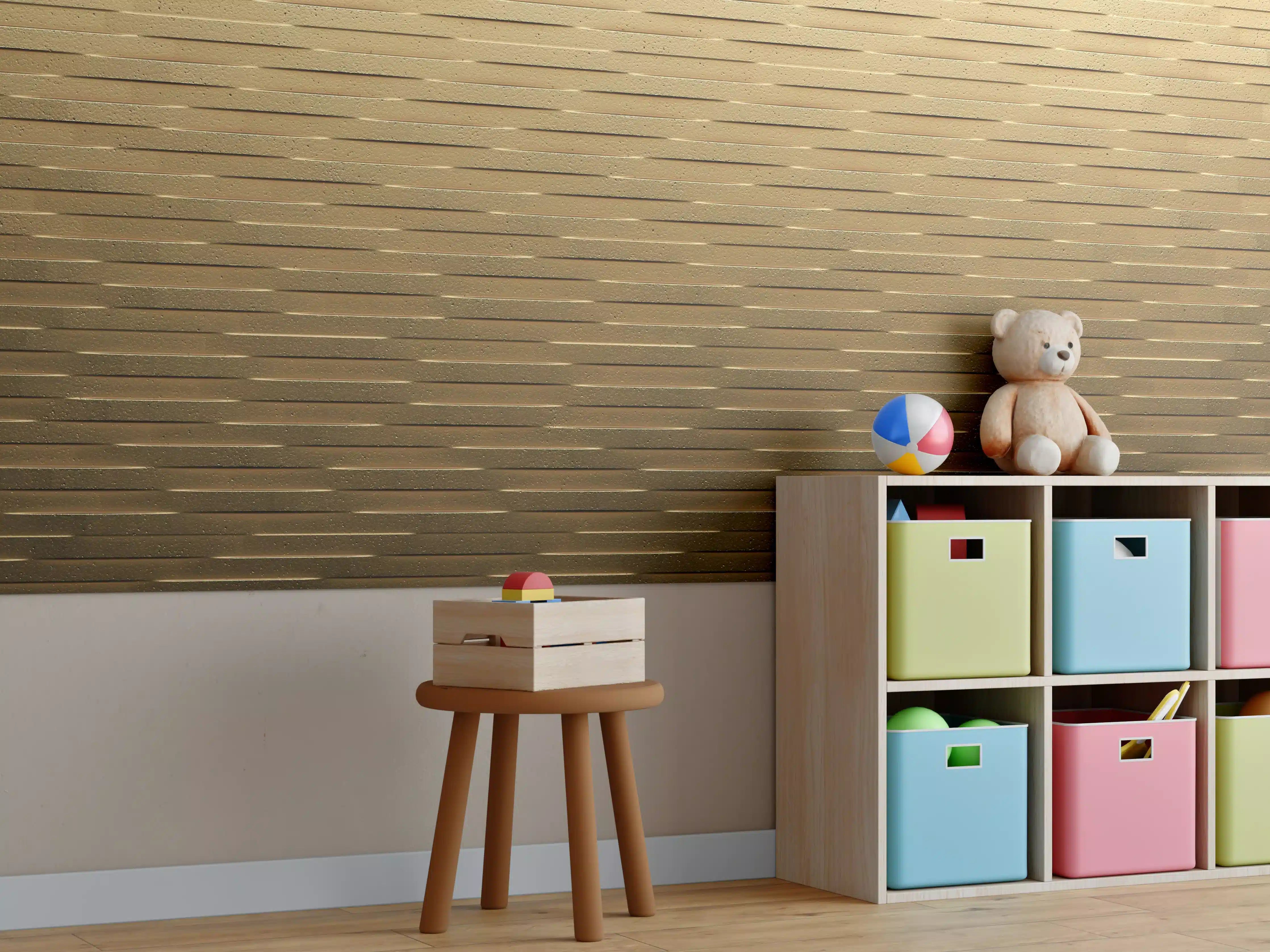 Kinderzimmer Wandgestaltung - Warme Holzmaserung mit Grautönen