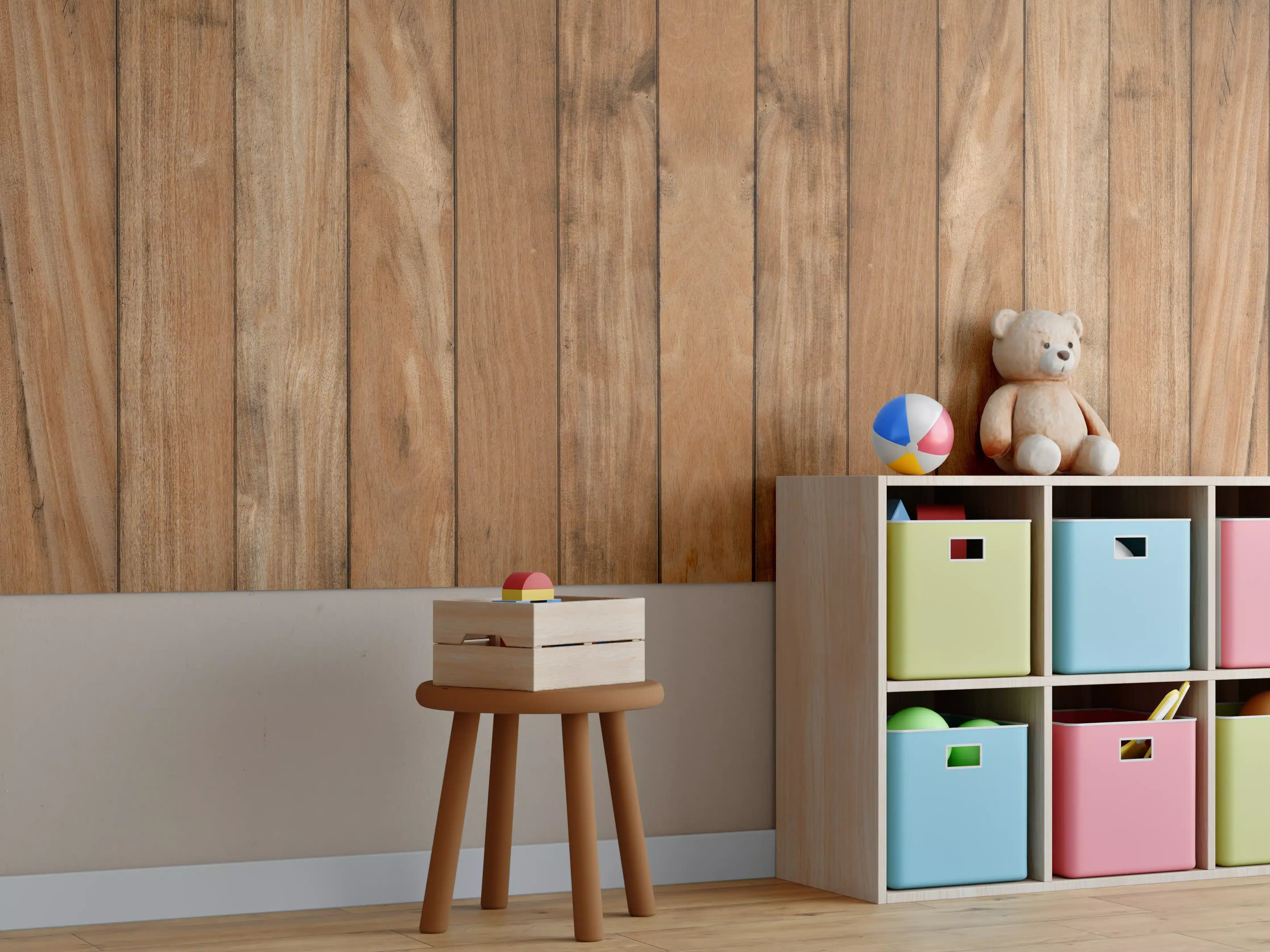 Kinderzimmer Wandgestaltung - Warmer Holzpaneel-Design
