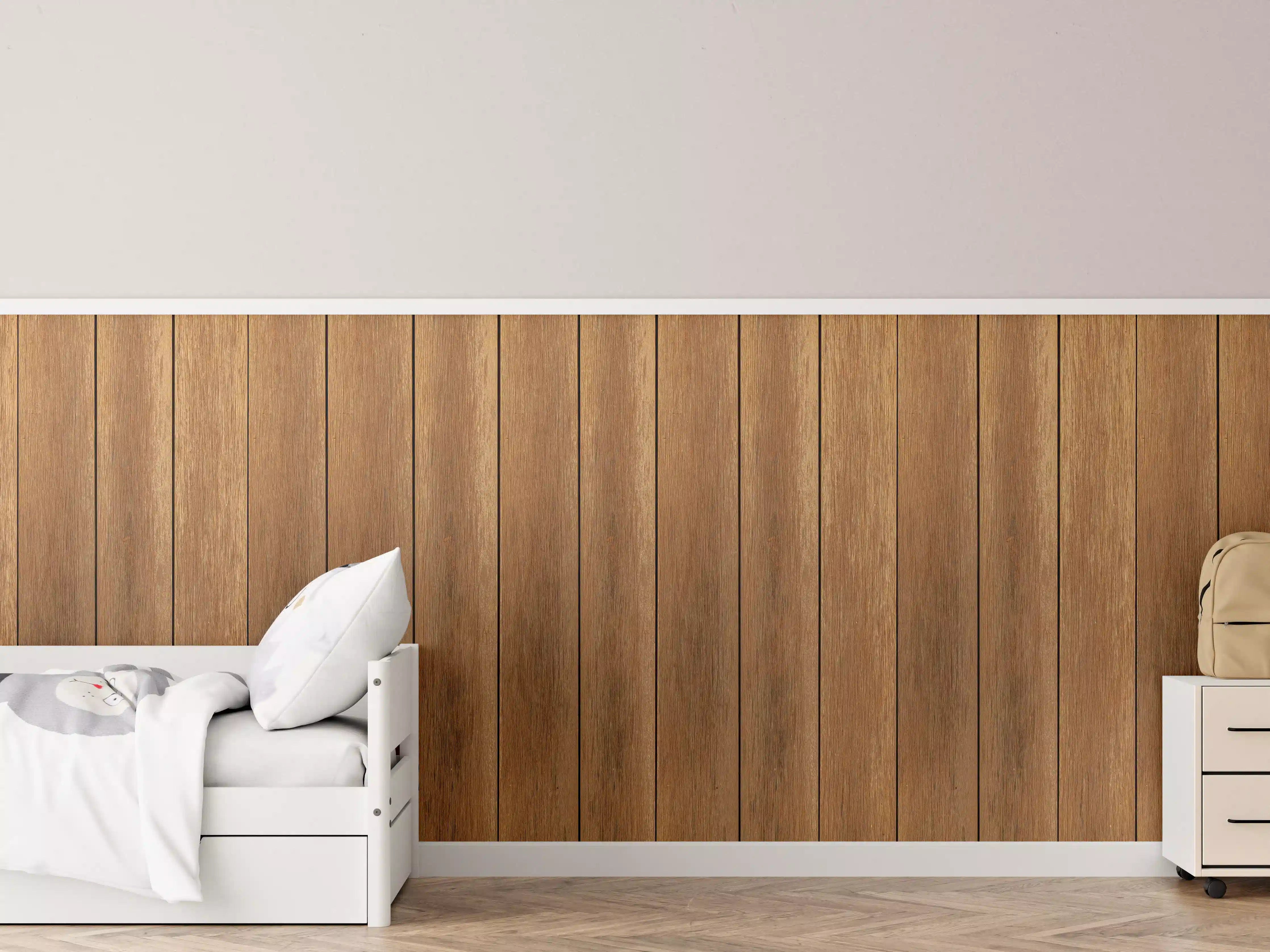 Kinderzimmer Wandgestaltung - Warmes Holzpaneel mit natürlicher Maserung