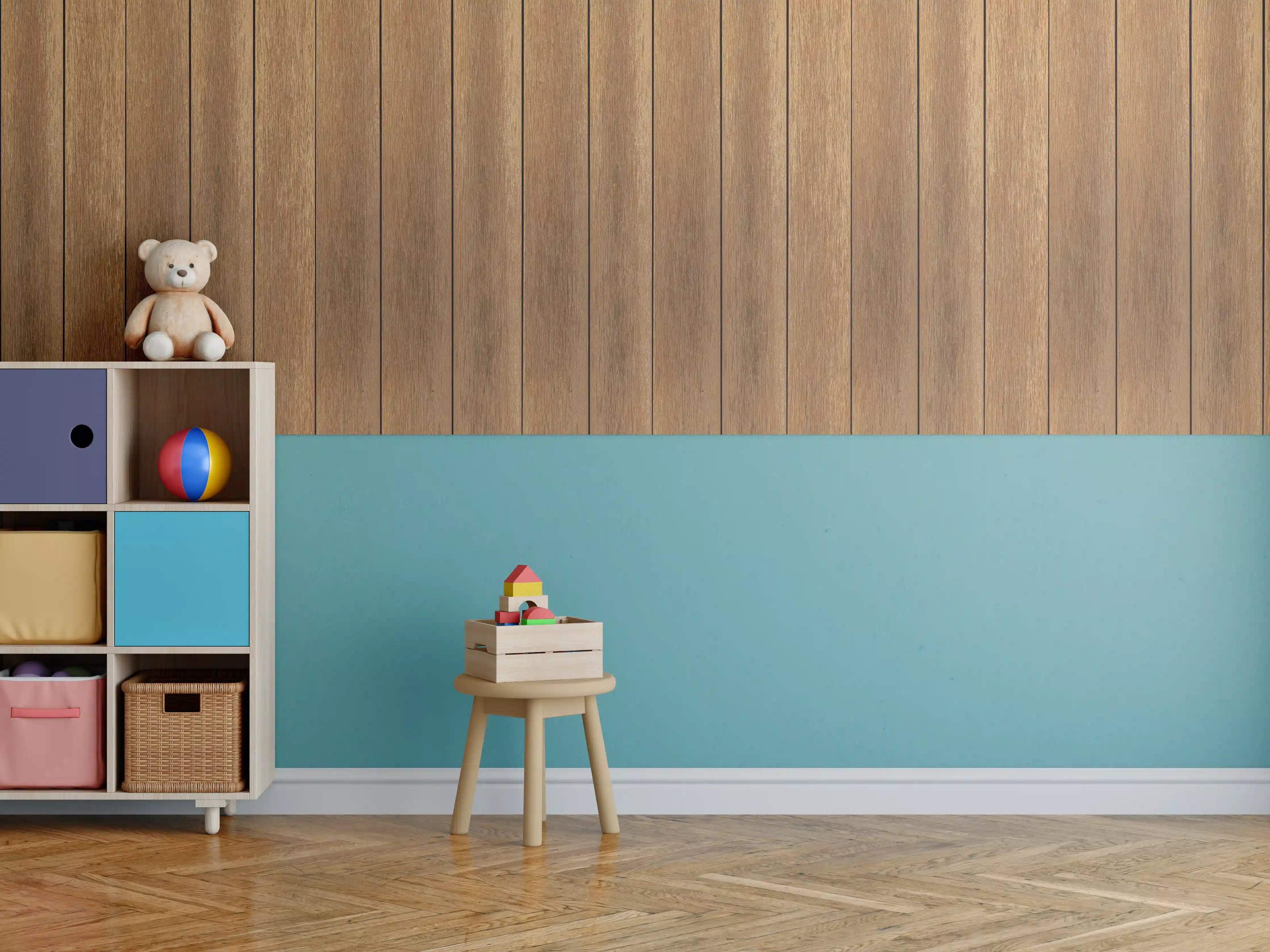 Kinderzimmer Wandgestaltung - Warmes Holzpaneel mit natürlicher Maserung