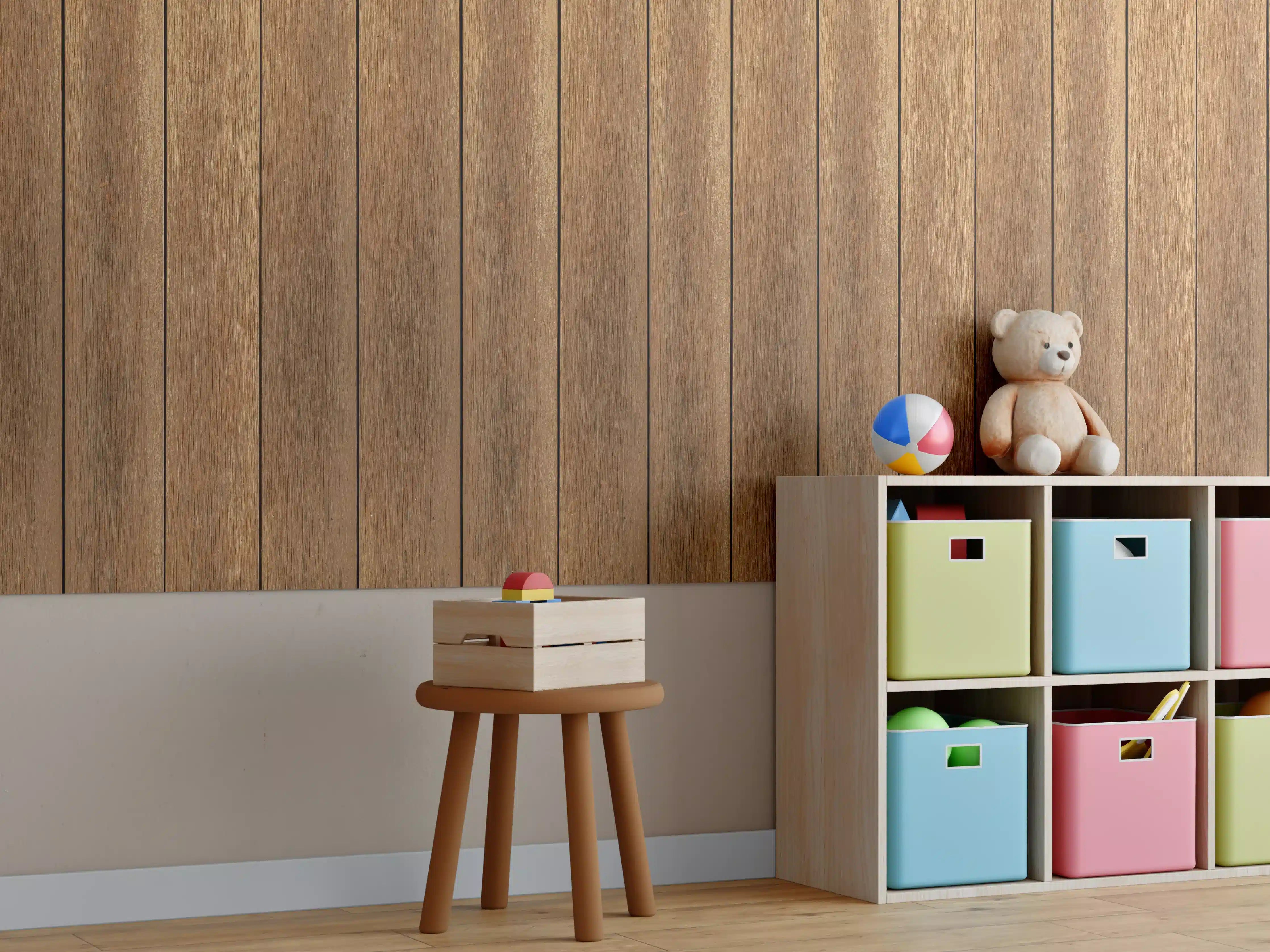 Kinderzimmer Wandgestaltung - Warmes Holzpaneel mit natürlicher Maserung