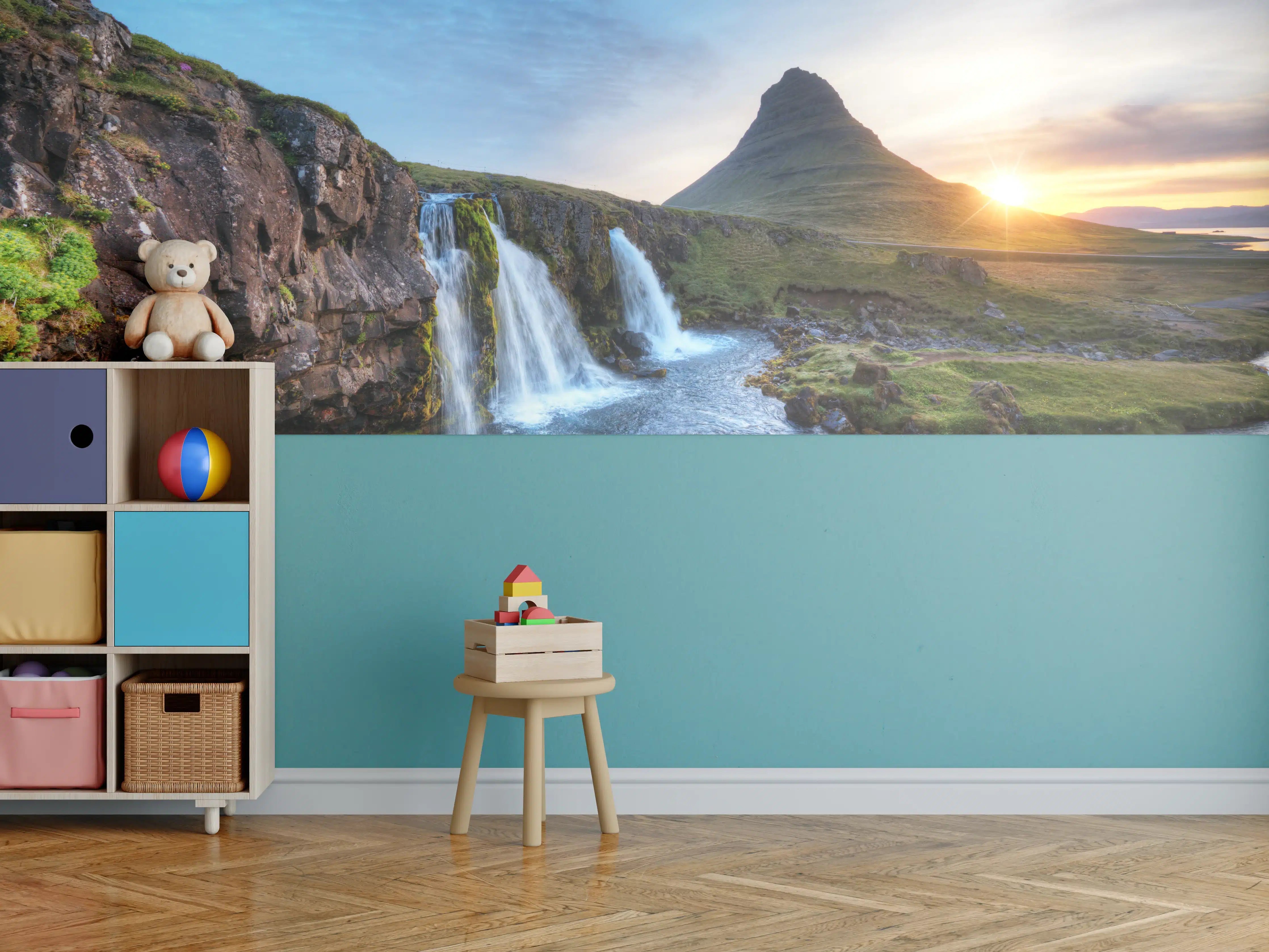 Kinderzimmer Wandgestaltung - Wasserfall bei Sonnenuntergang