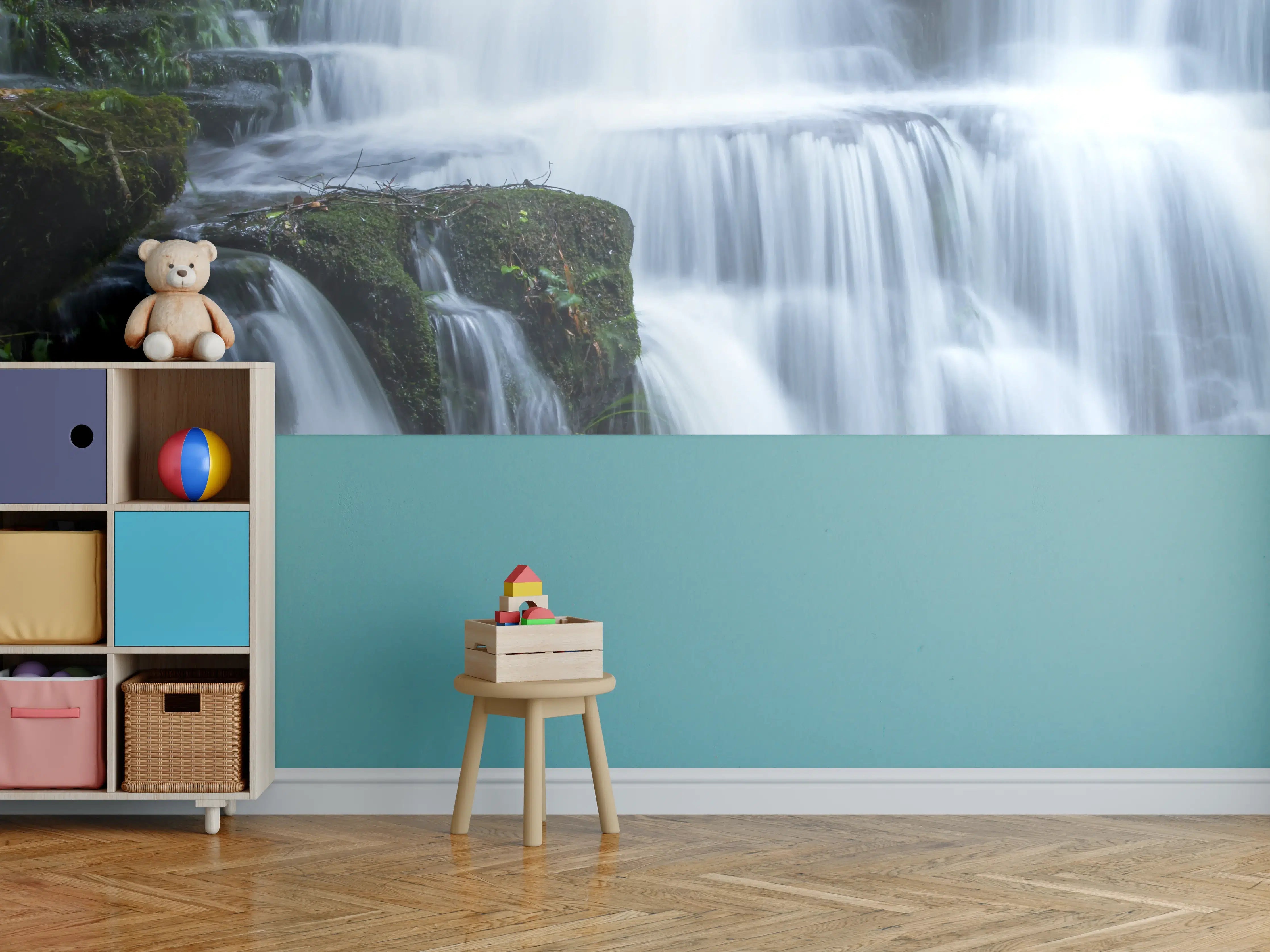 Kinderzimmer Wandgestaltung - Wasserfall im Wald mit Felsen