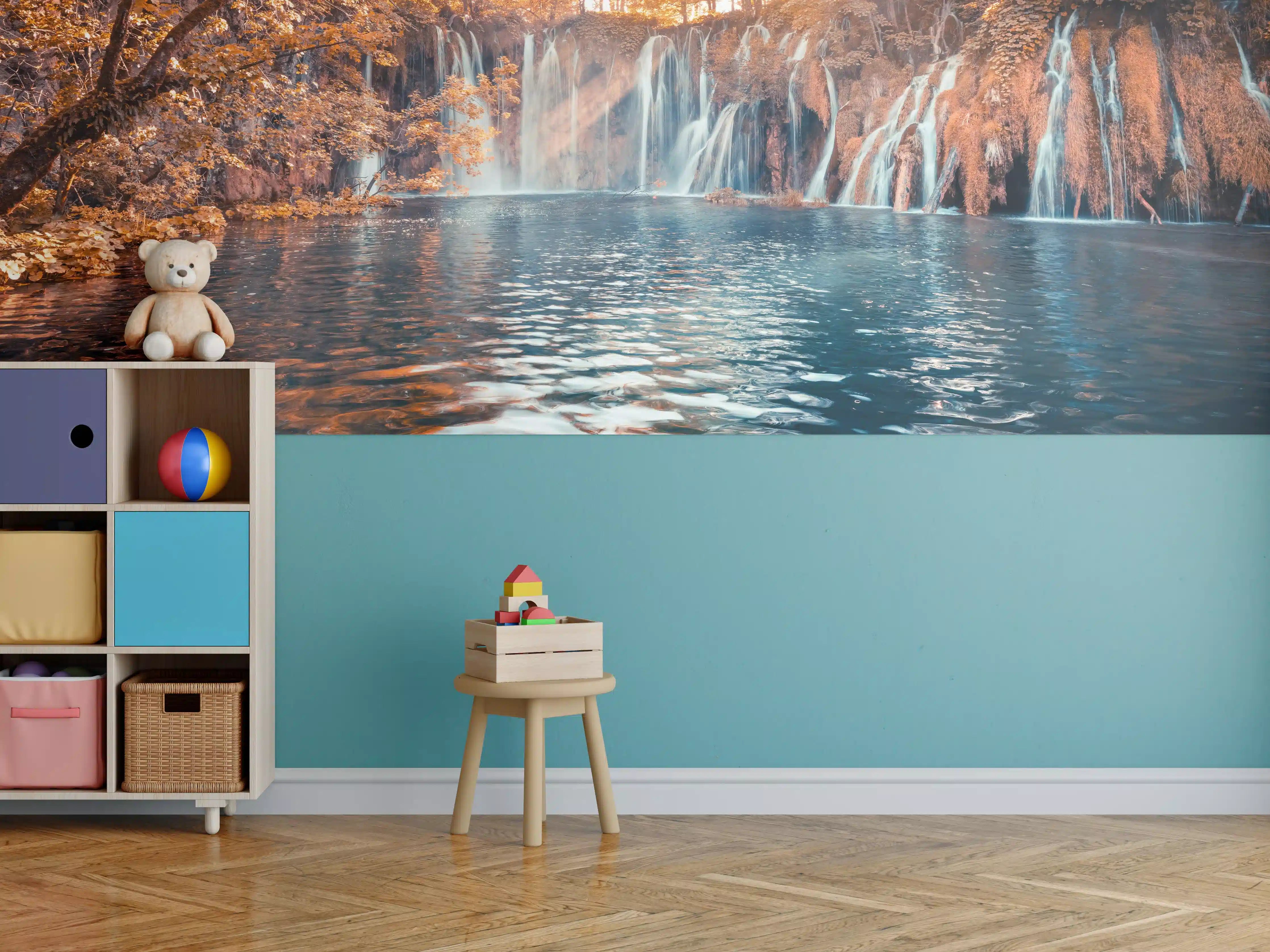 Kinderzimmer Wandgestaltung - Wasserfall in Plitvice Nation bei Sonnenaufgang