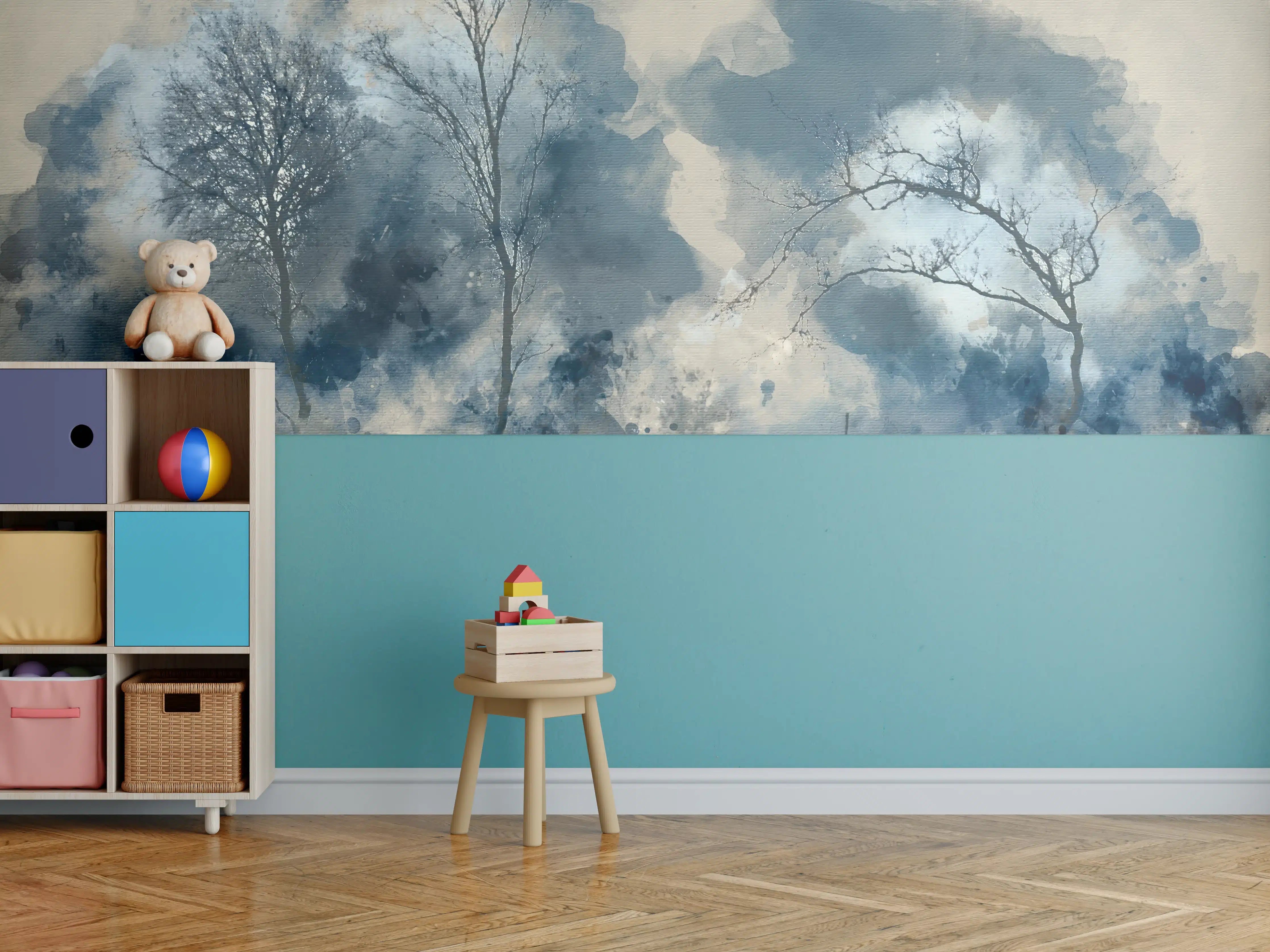 Kinderzimmer Wandgestaltung - Wasserfarben-Landschaft mit Bäumen in Blau- und Grautönen