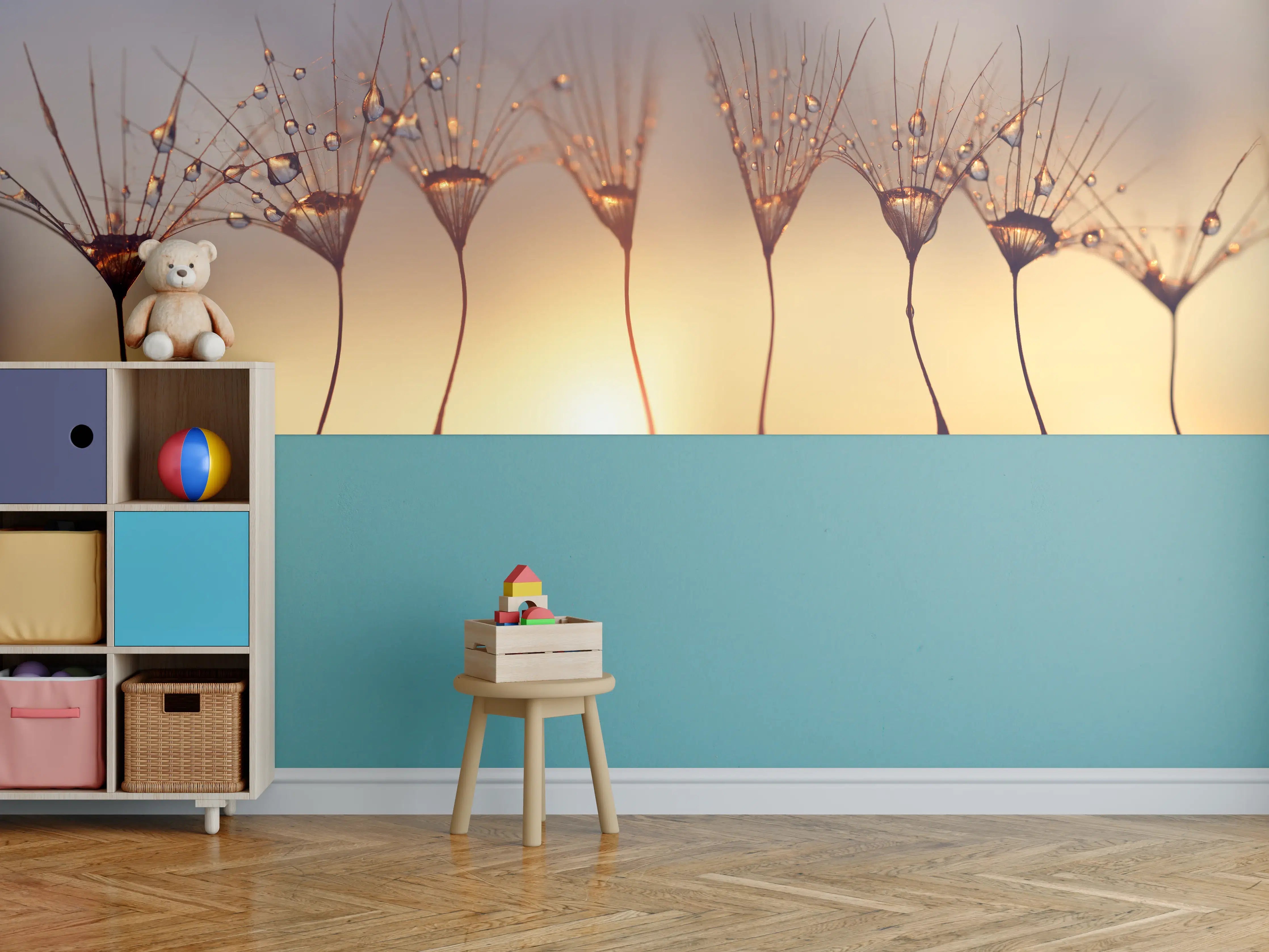 Kinderzimmer Wandgestaltung - Wassertropfen auf Löwenzahnsamen