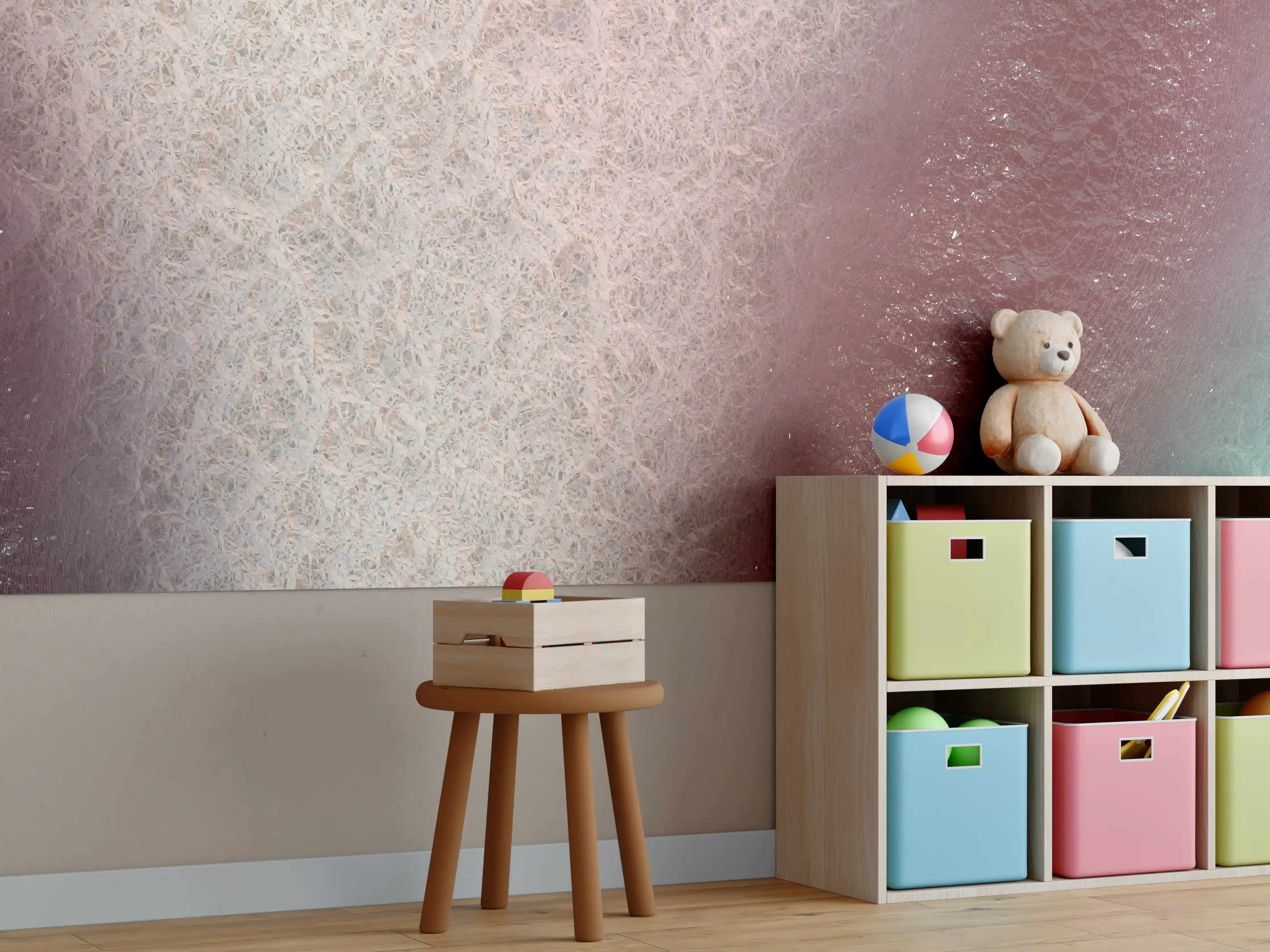 Kinderzimmer Wandgestaltung - Weiche Farbverläufe in Rot, Beige und Türkis