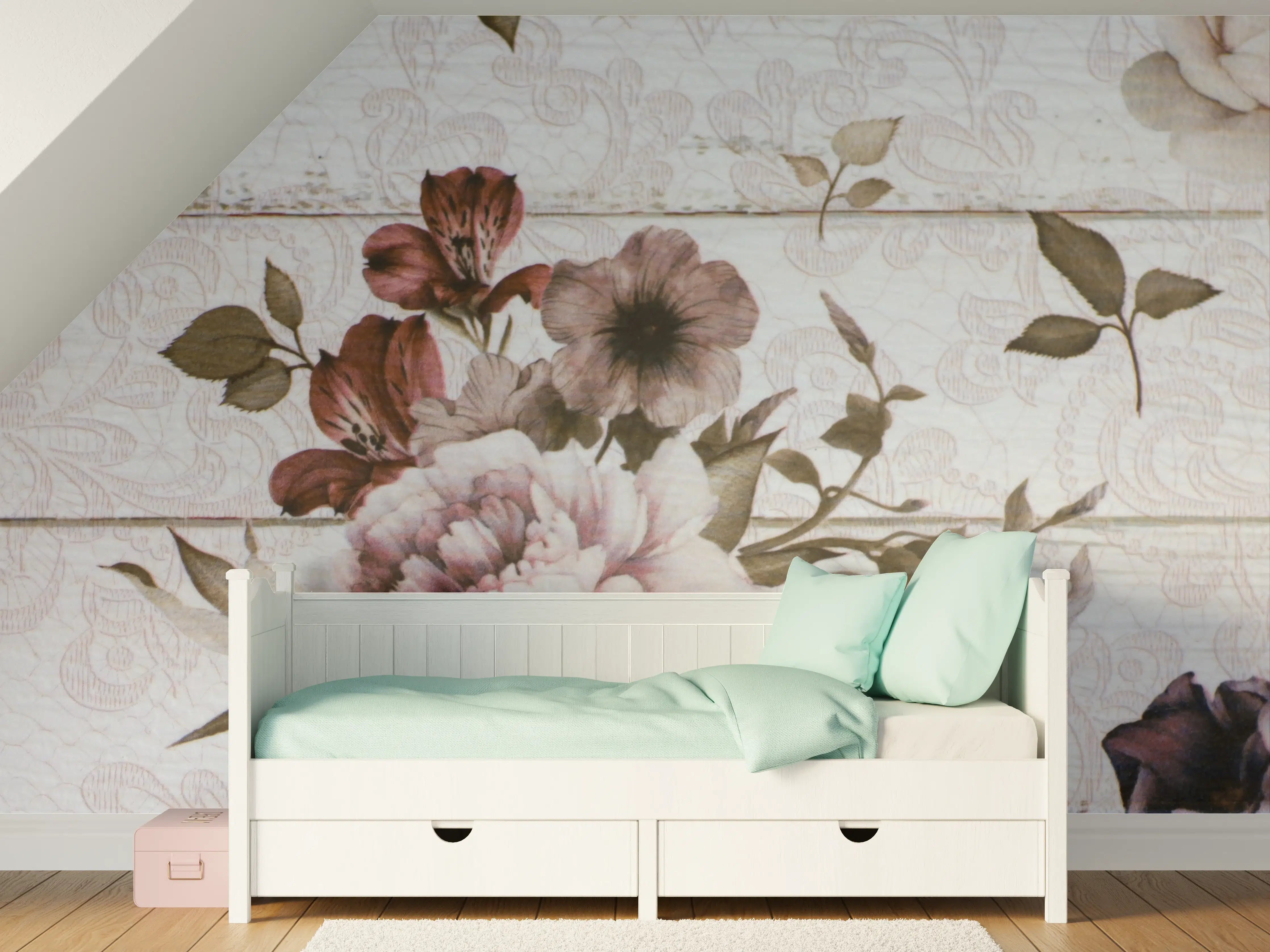 Kinderzimmer Wandgestaltung - Weiche Rosen und florale Akzente auf Holz