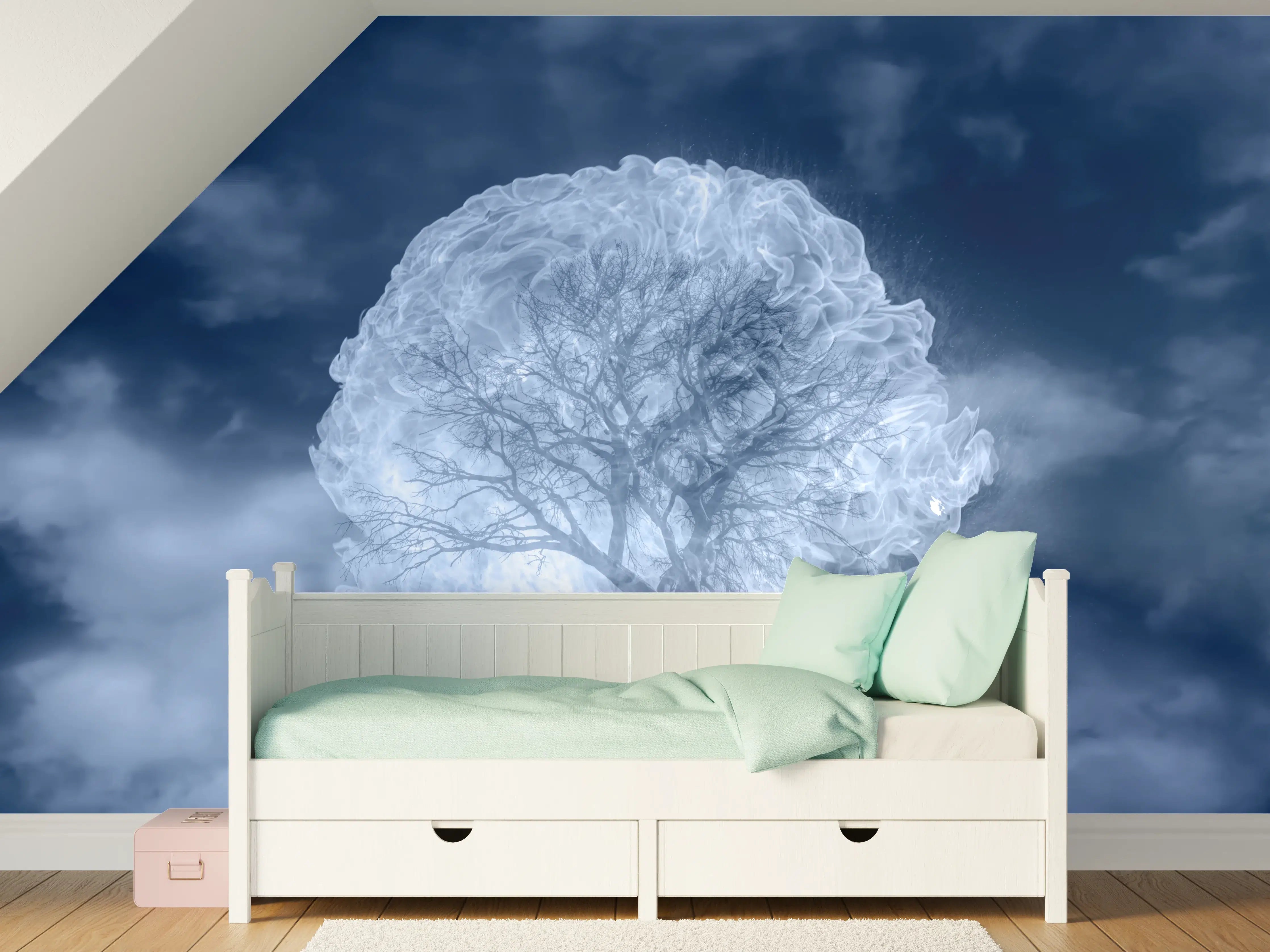 Kinderzimmer Wandgestaltung - Weiß-Blauer Feuerbaum Himmel