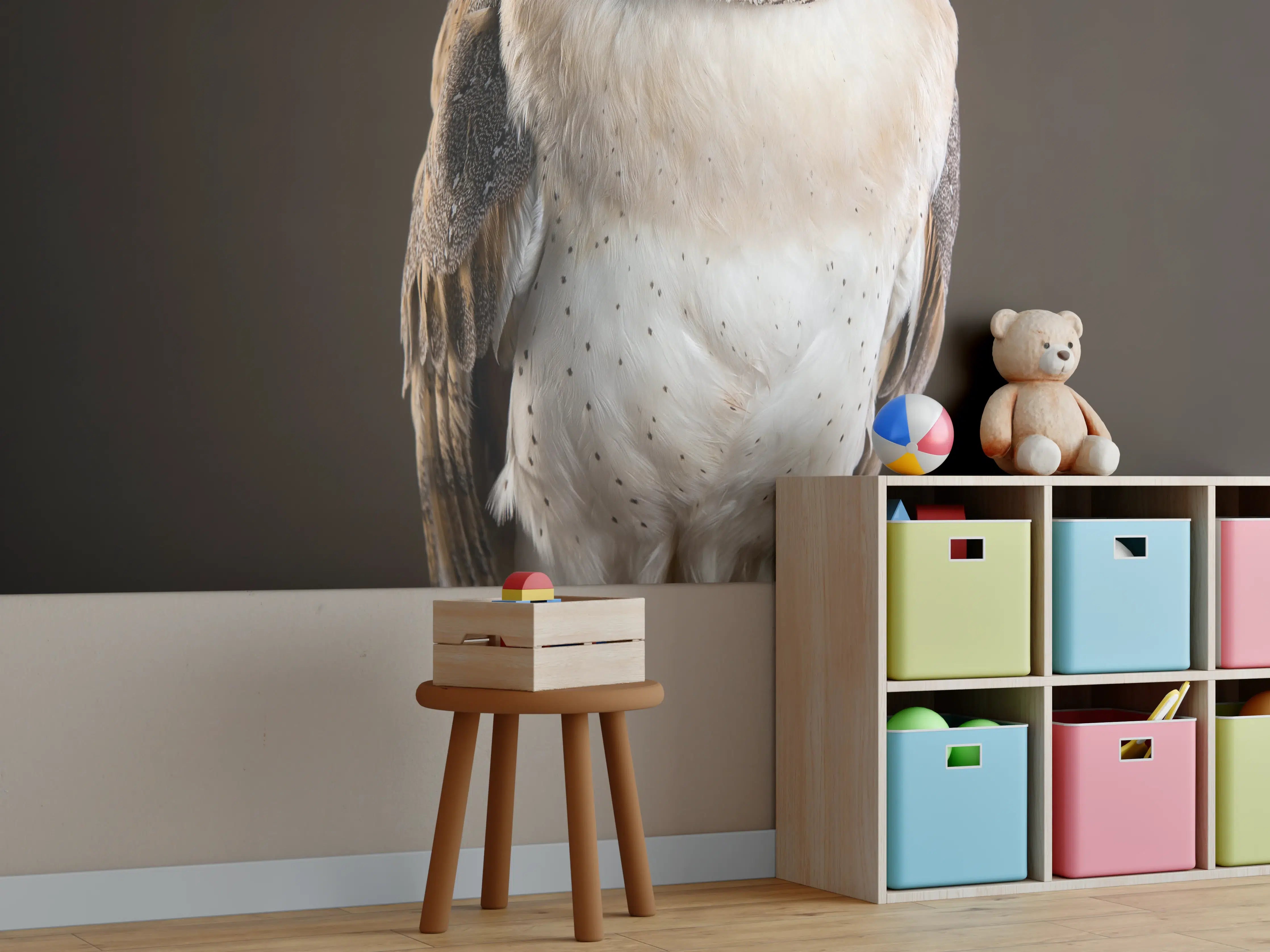 Kinderzimmer Wandgestaltung - Weiß-Brauner Waldkauz auf Ast