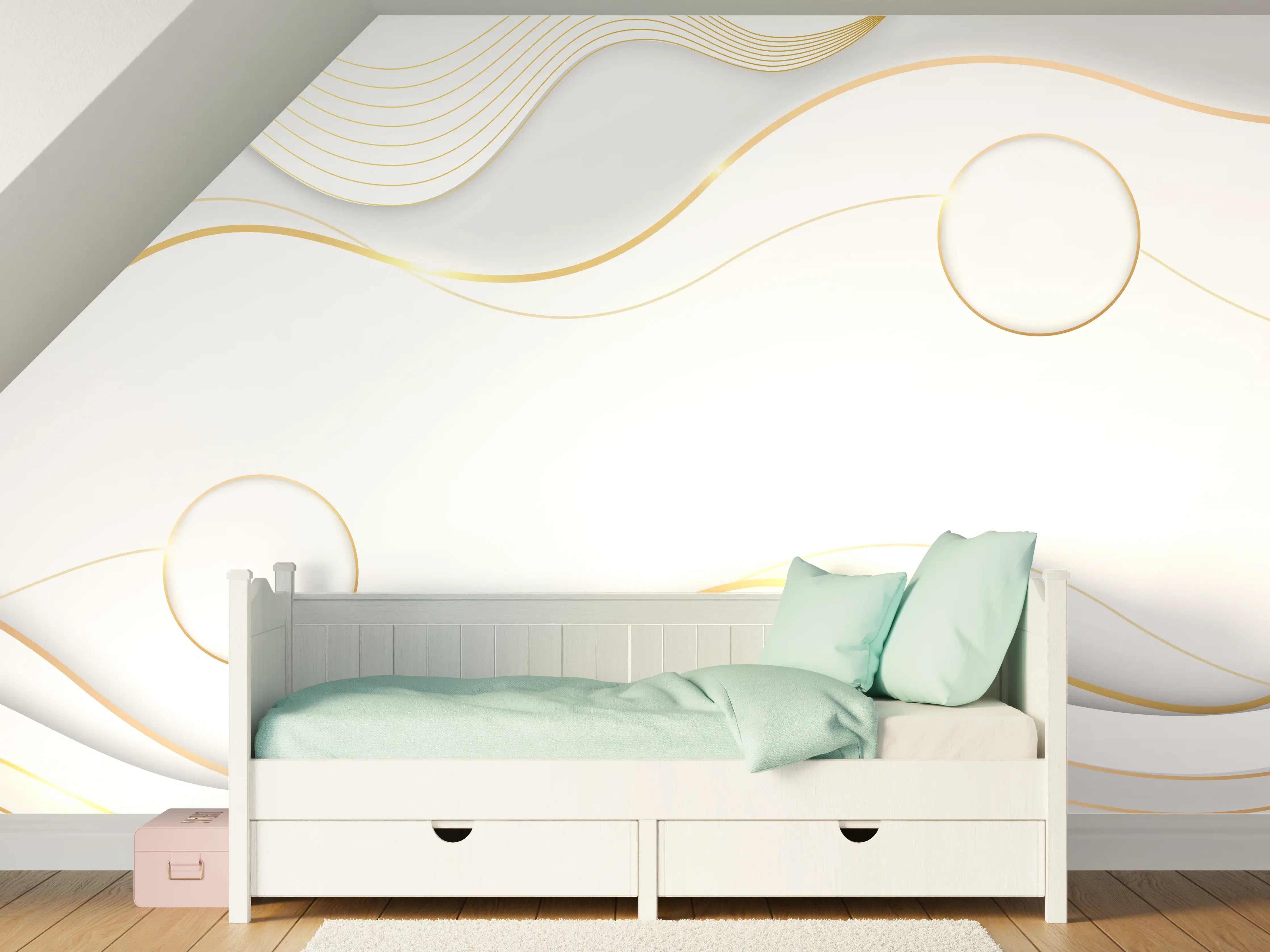 Kinderzimmer Wandgestaltung - Weiß-Goldene Wellen Grafik