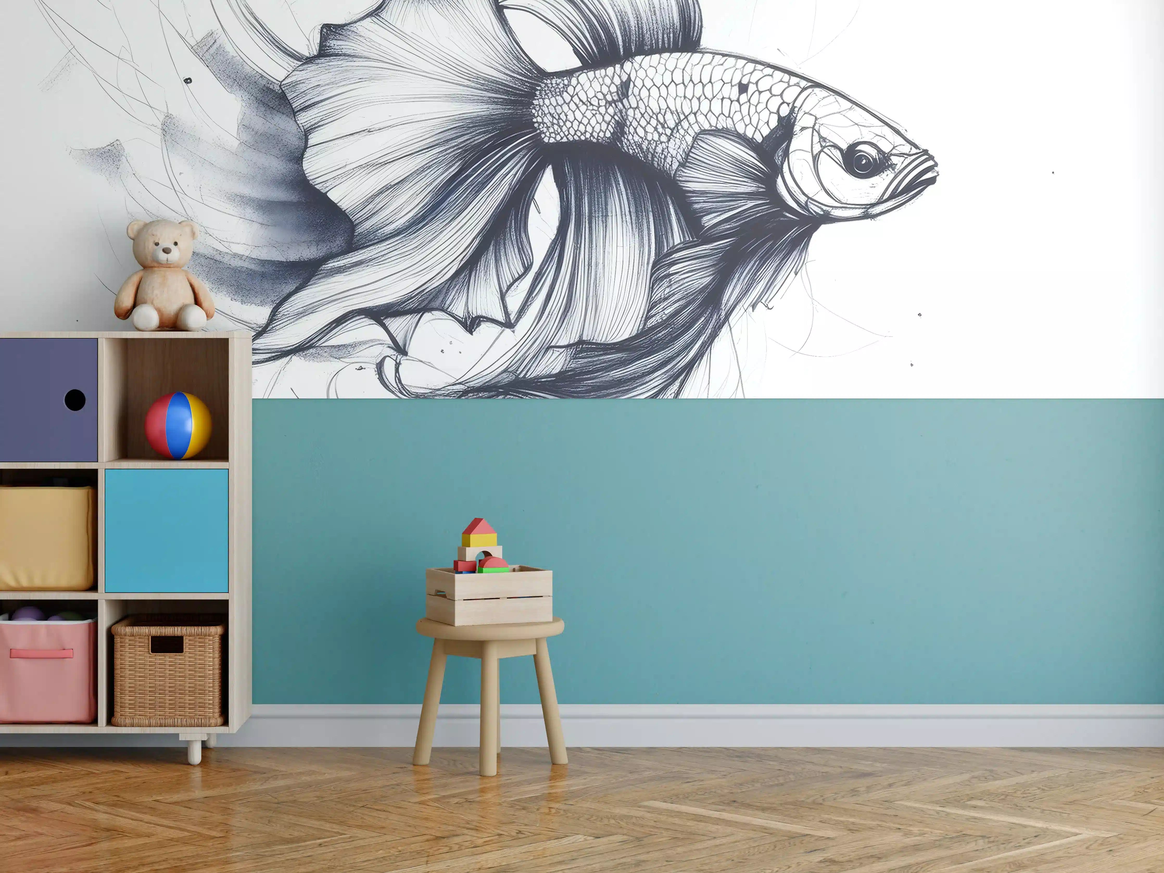 Kinderzimmer Wandgestaltung - Weiß-Grau Betta-Fisch Illustration