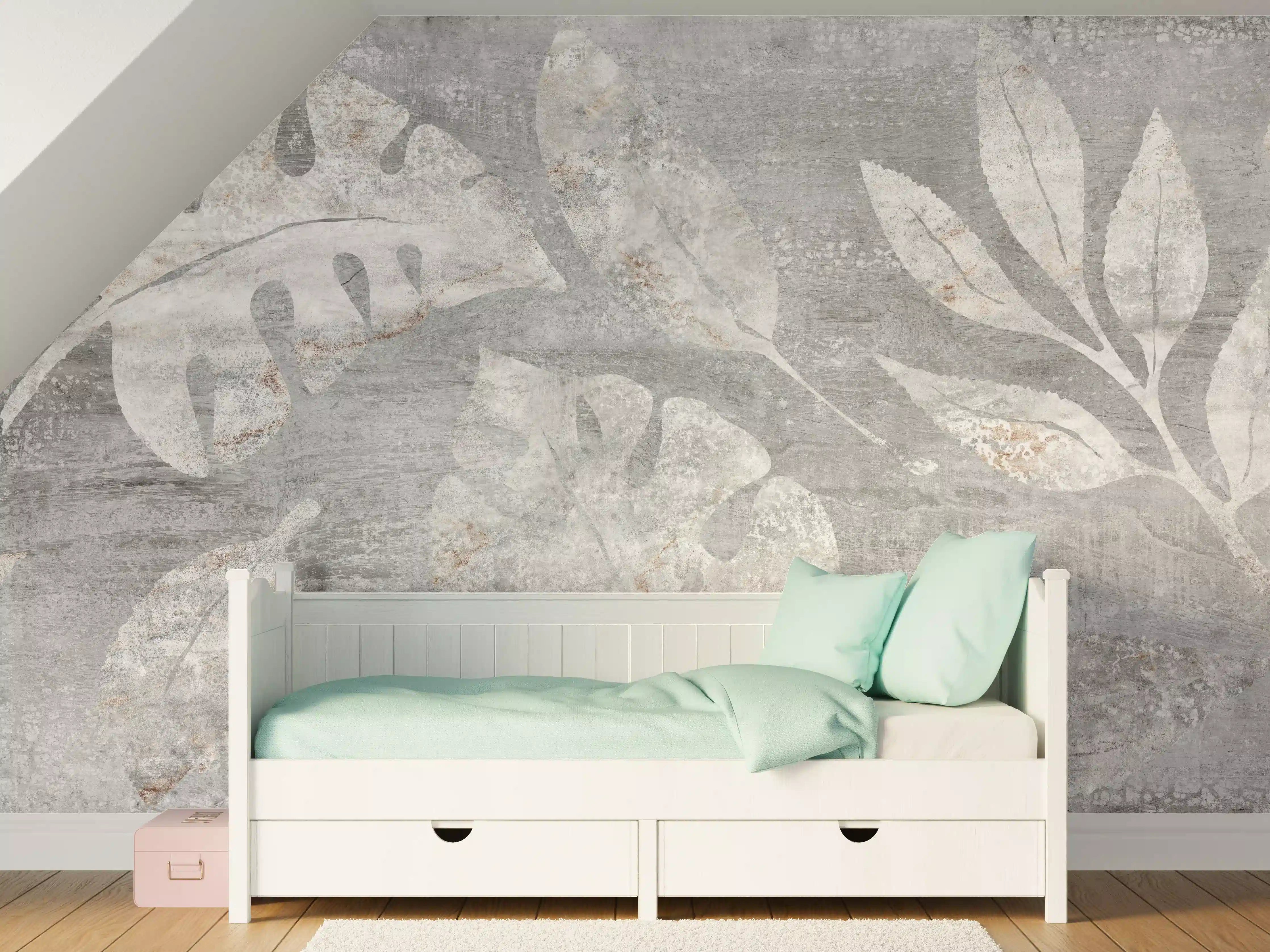 Kinderzimmer Wandgestaltung - Weiß-Grau Blattmuster Struktur